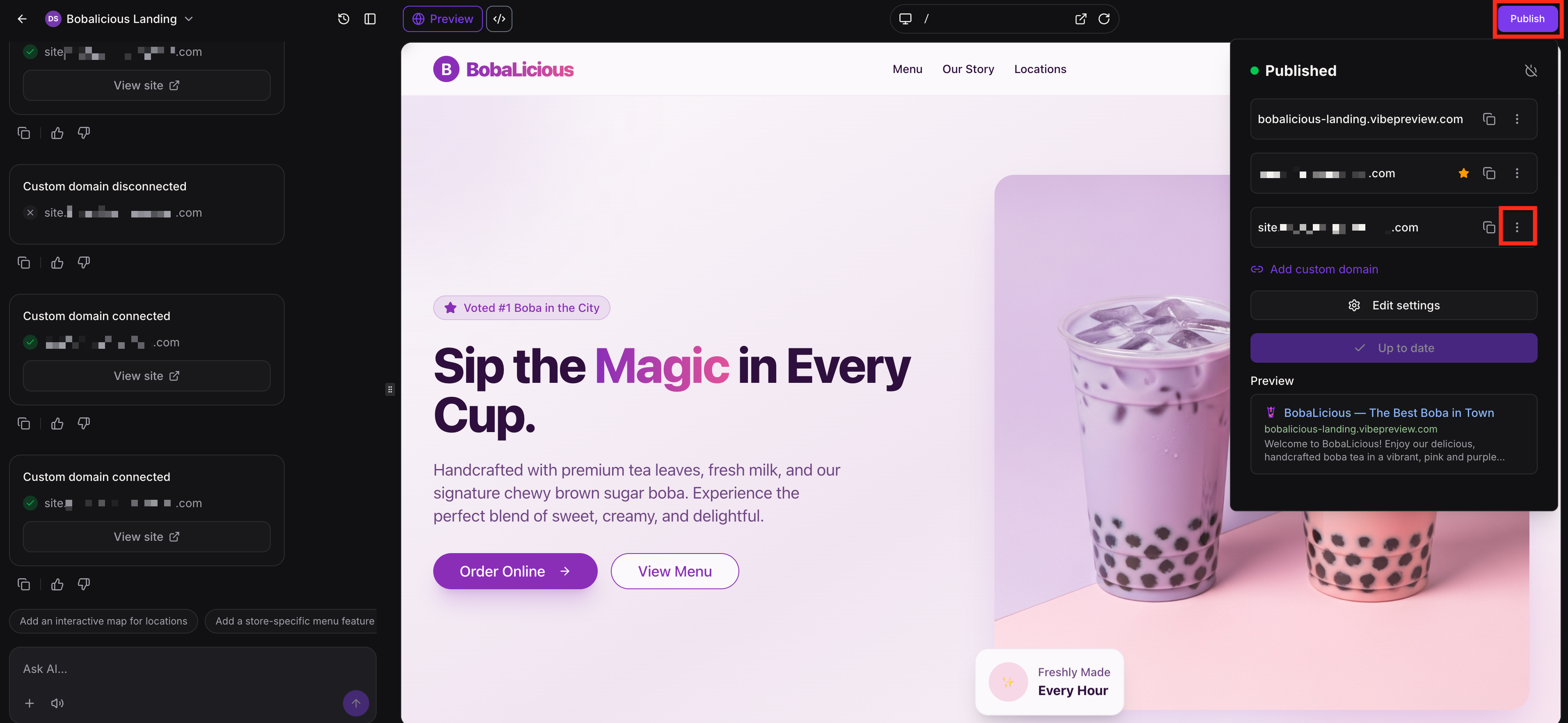 Three-dot menu next to a published URL