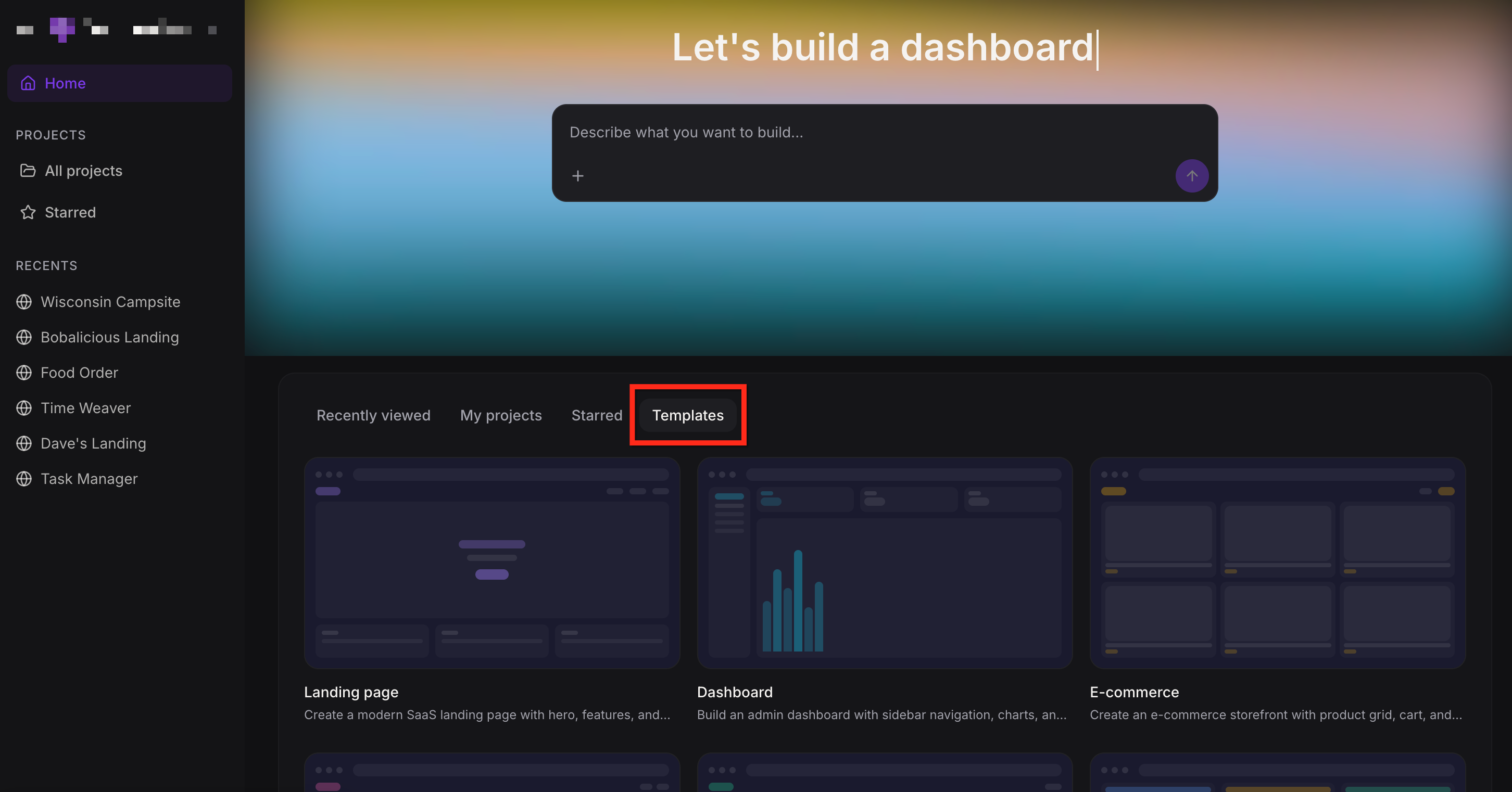 Templates tab in AI Studio with ready-made project starters
