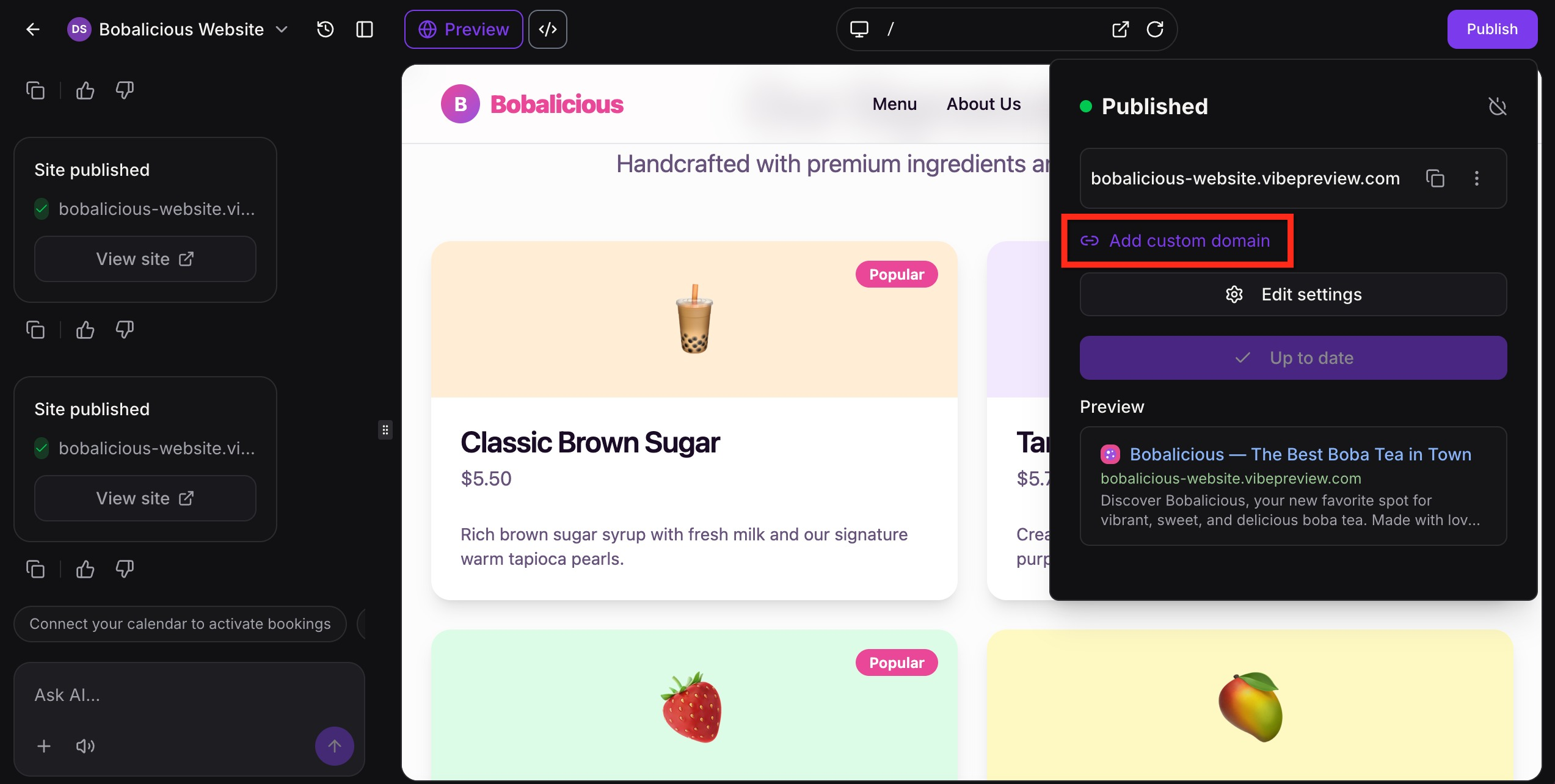 Add Custom Domain button in the publish menu