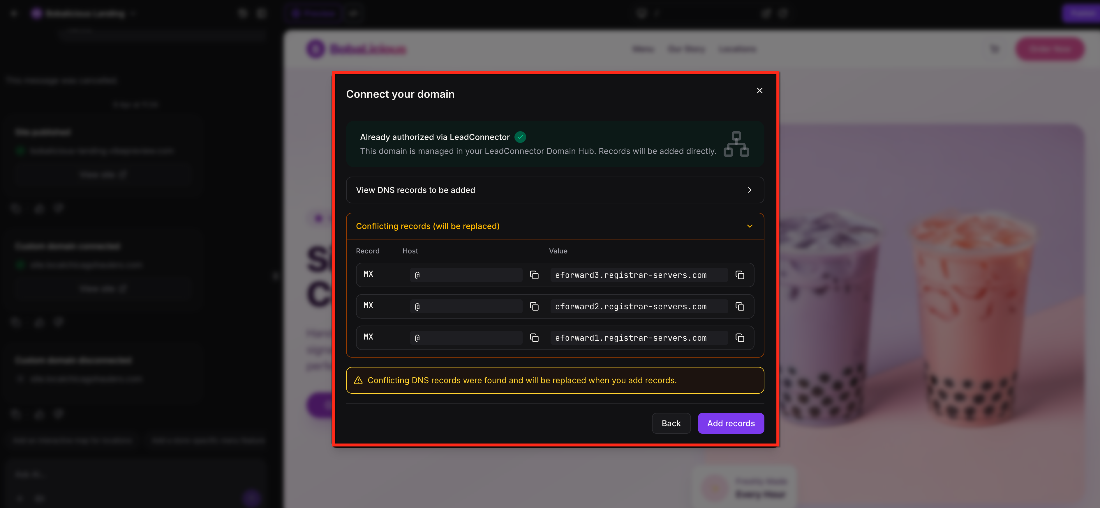 Domain conflict warning during custom domain setup