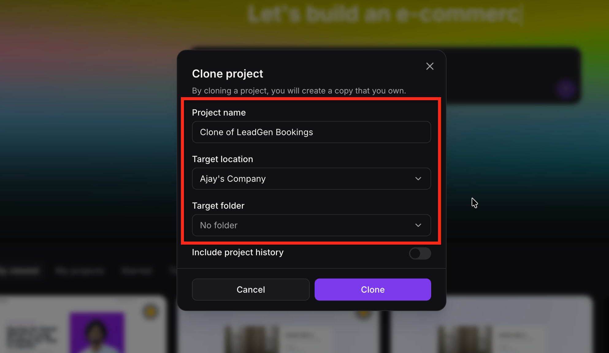 Clone project dialog with name and folder fields