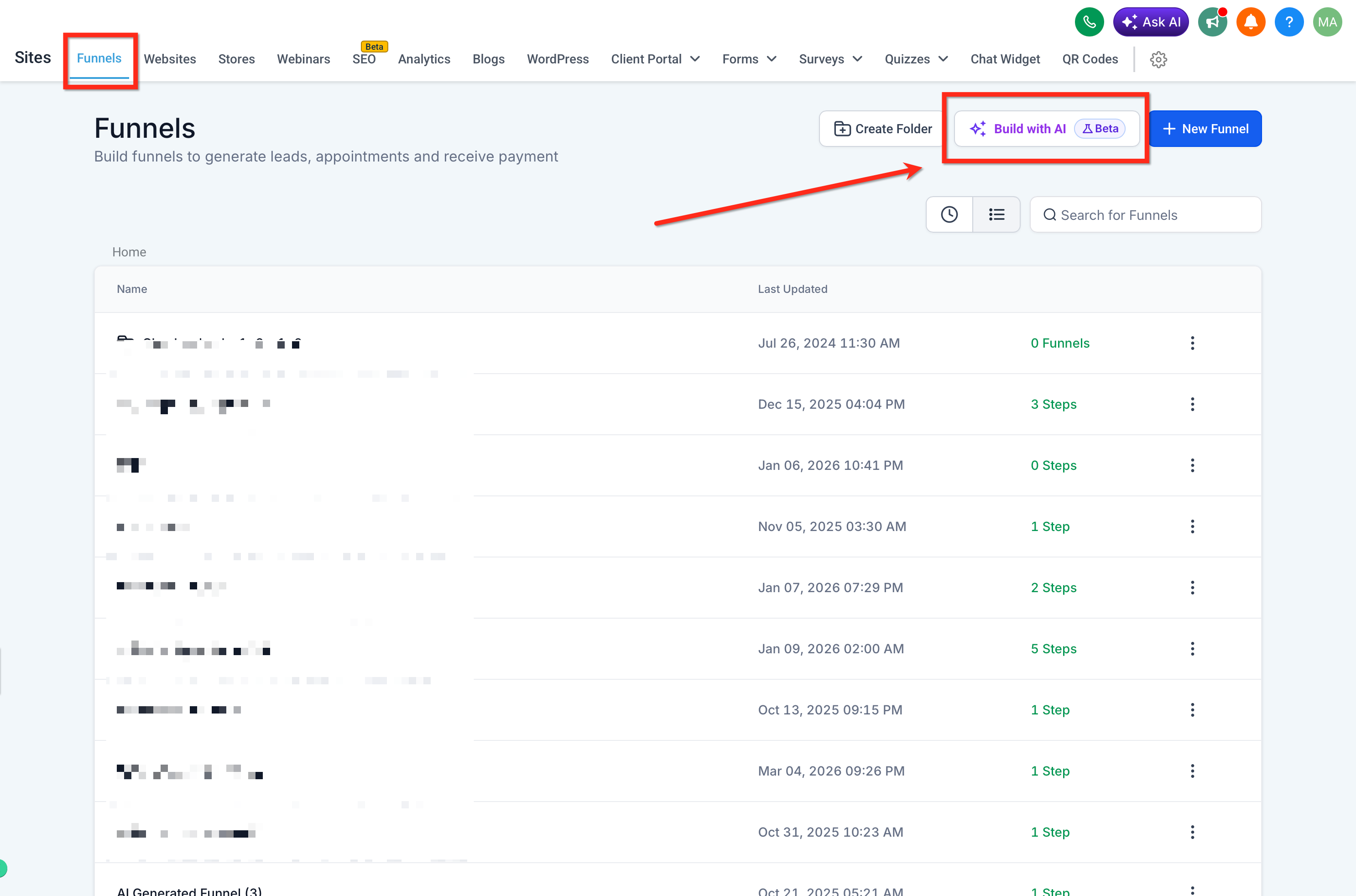 Build with AI button inside Funnels
