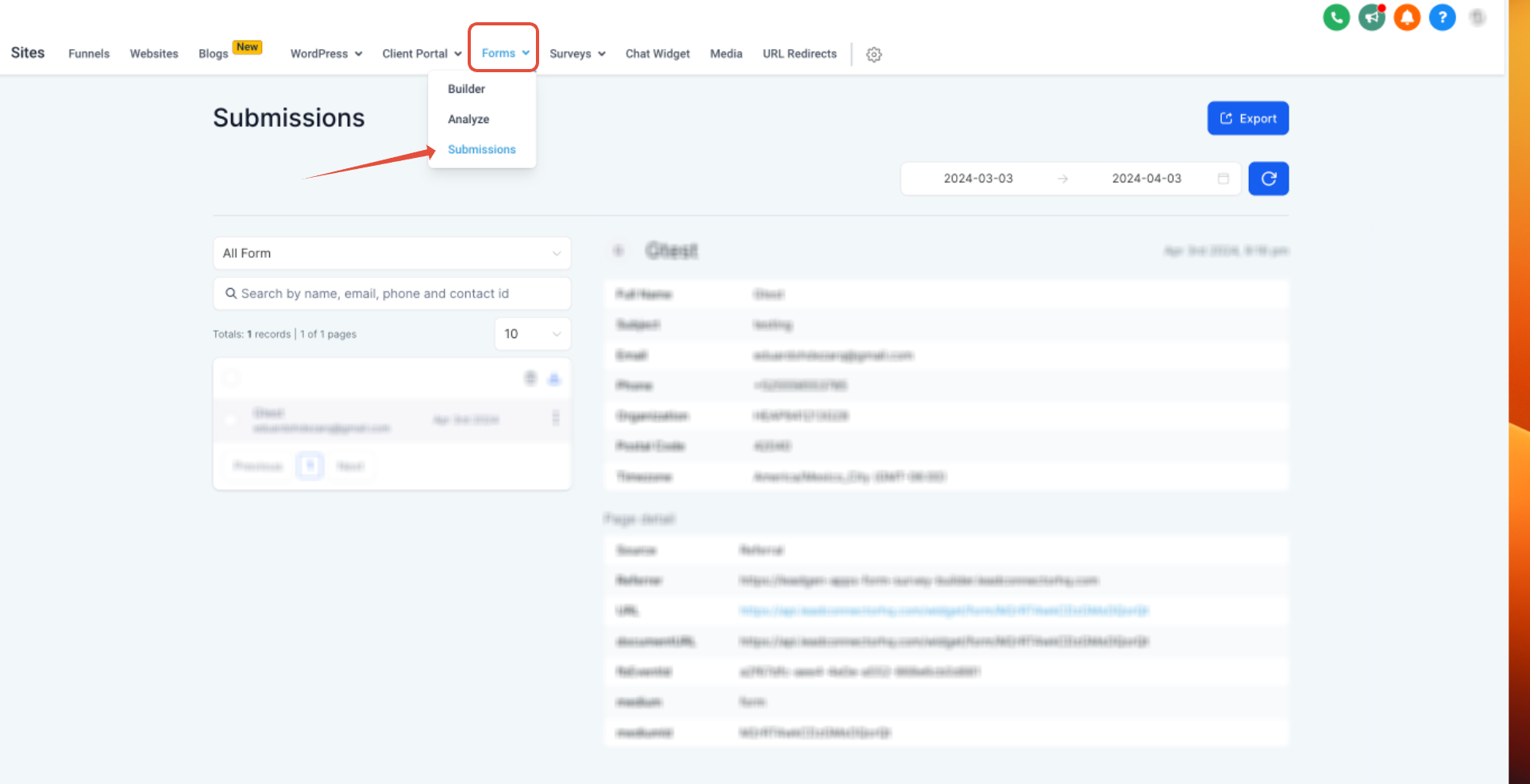 Contact Details page showing custom field values from a form submission