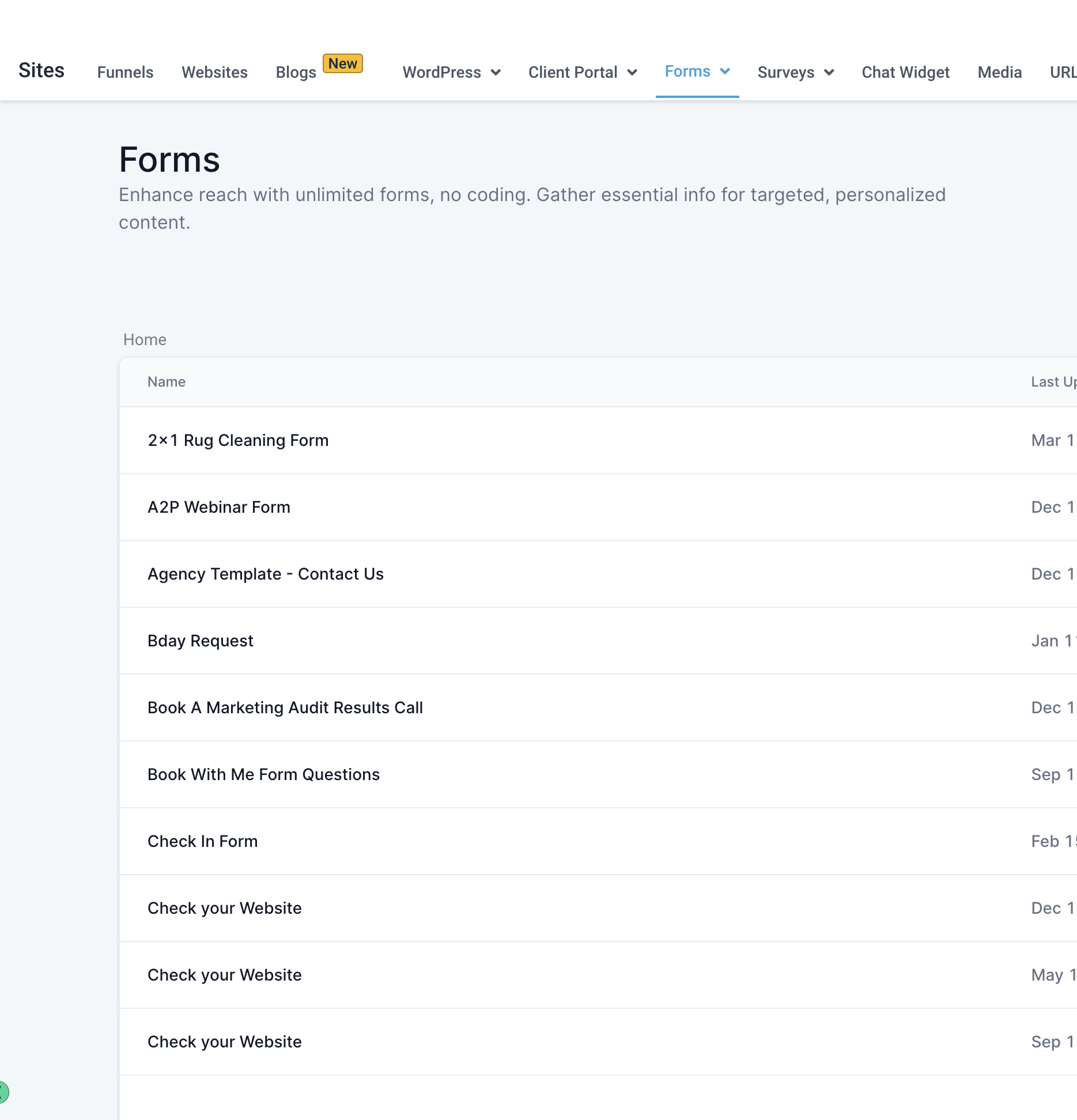 Funnels Forms Submissions screen with filterable list of form responses
