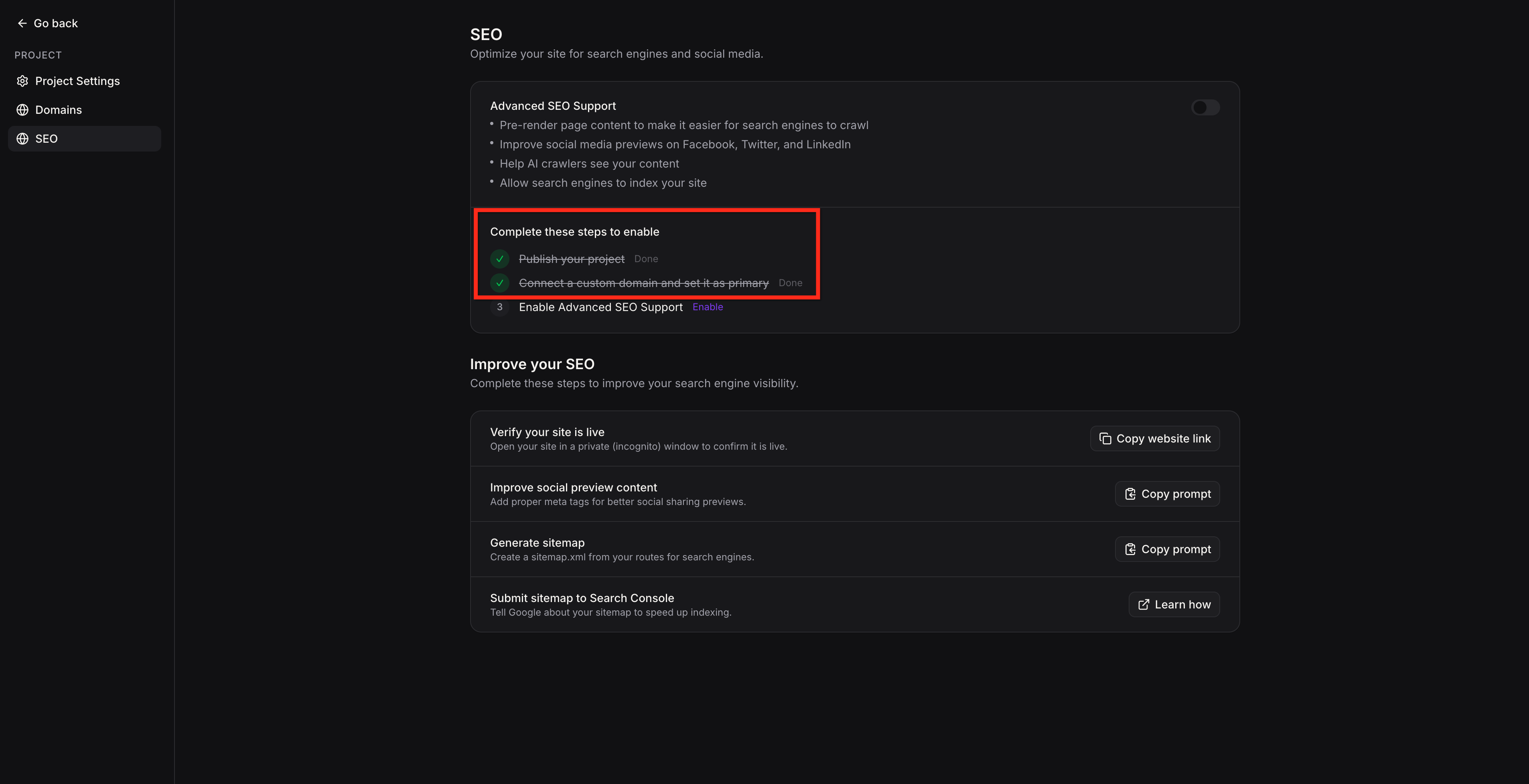 Publish status and custom domain confirmation in SEO settings