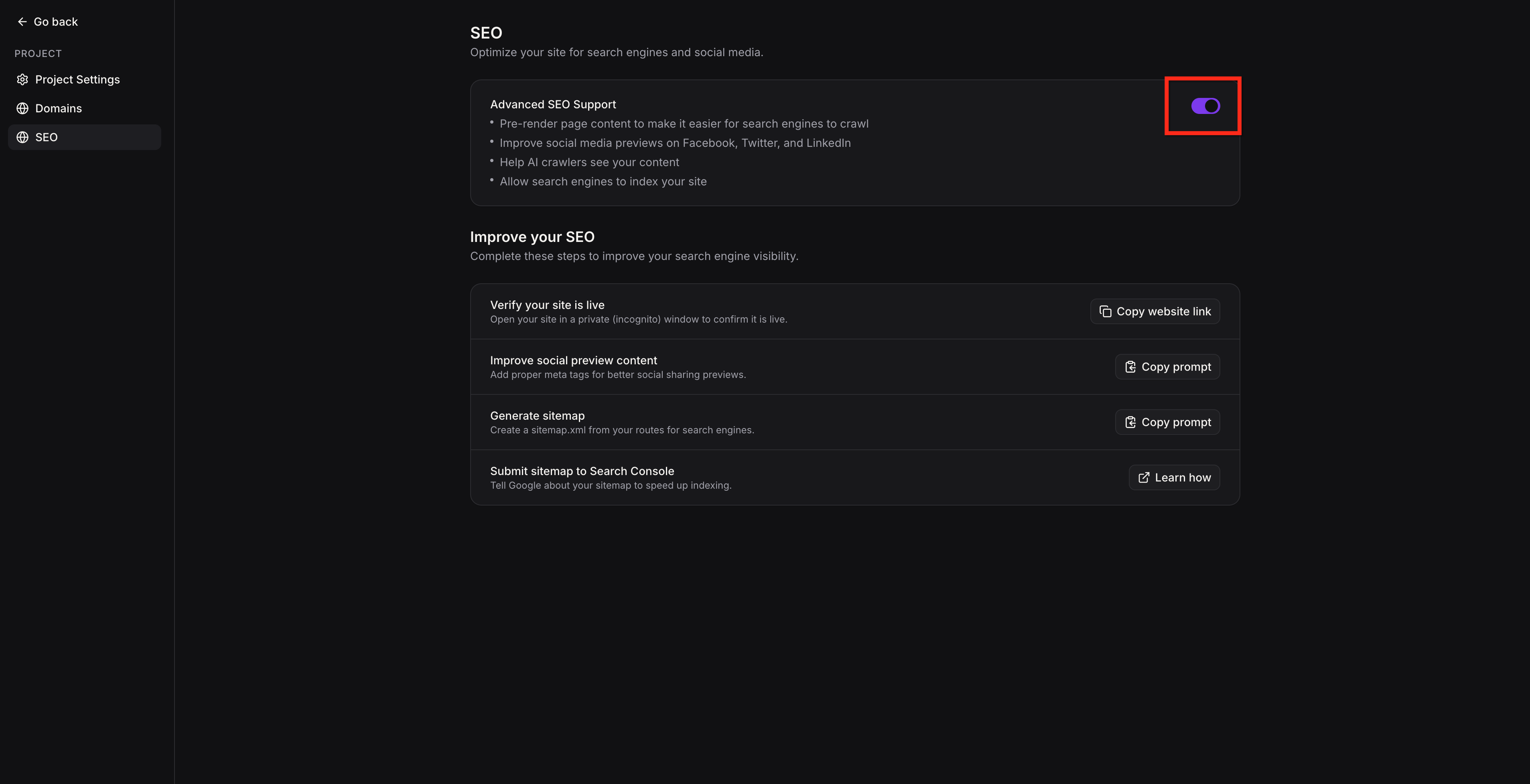 Advanced SEO Support toggle showing enabled state
