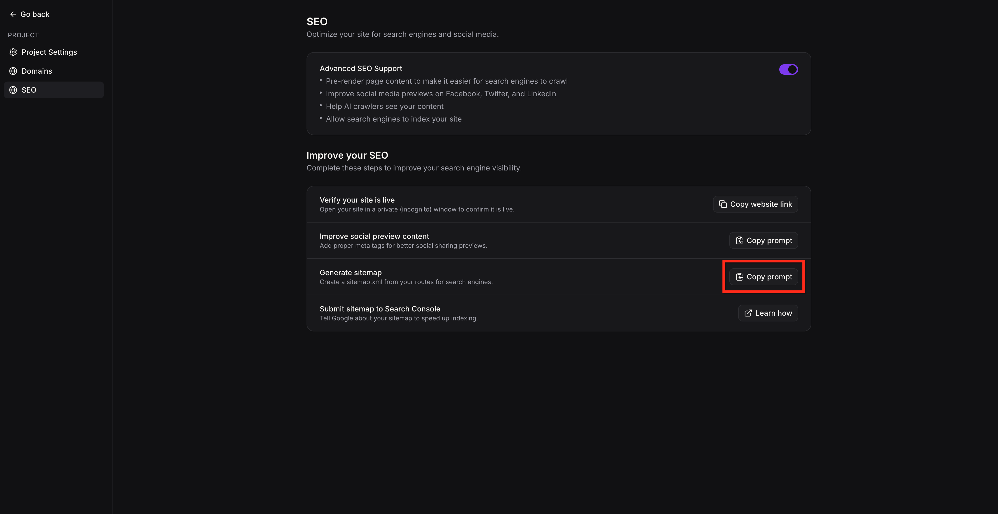 Generate sitemap section with Copy prompt button