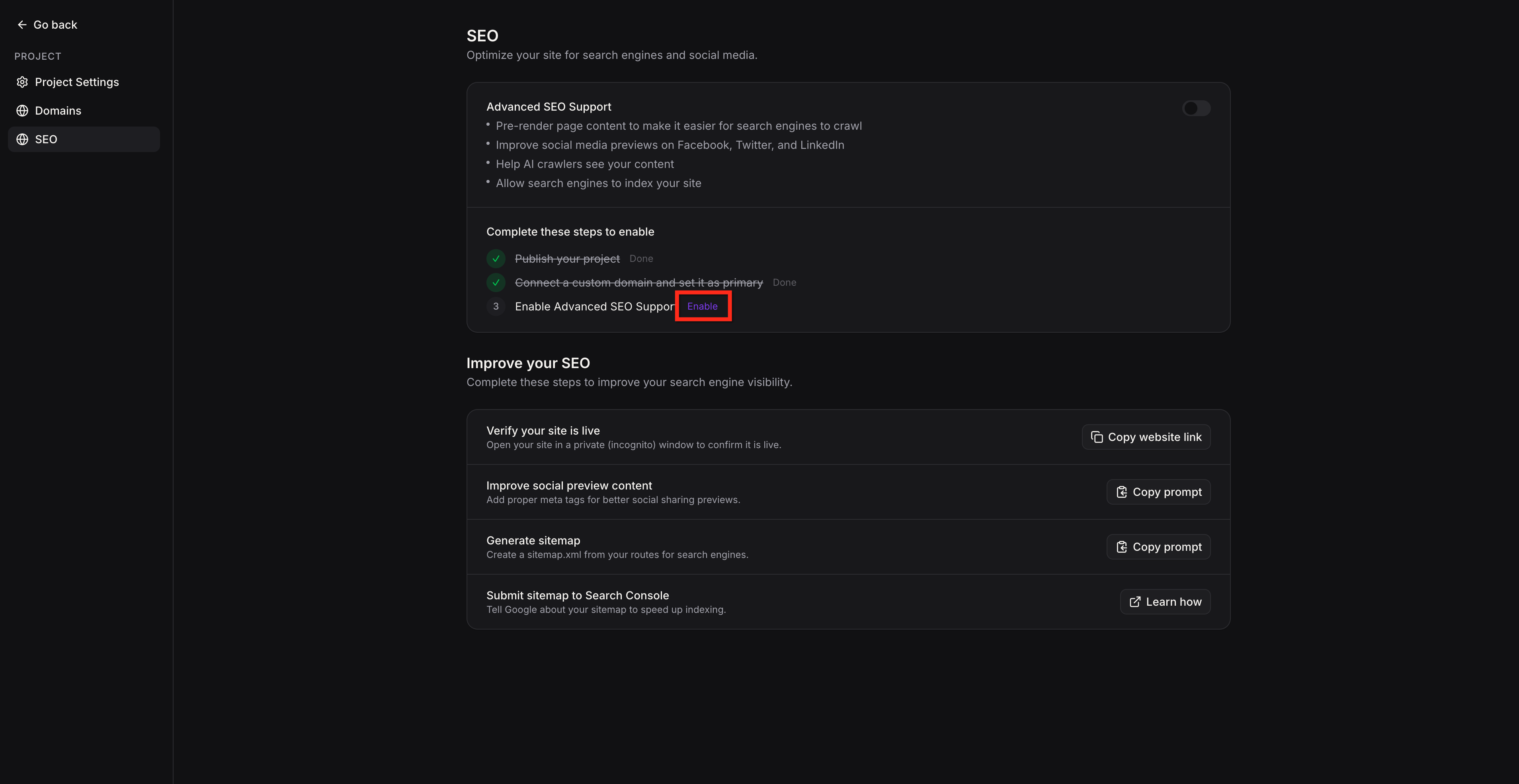 Enable button for Advanced SEO Support