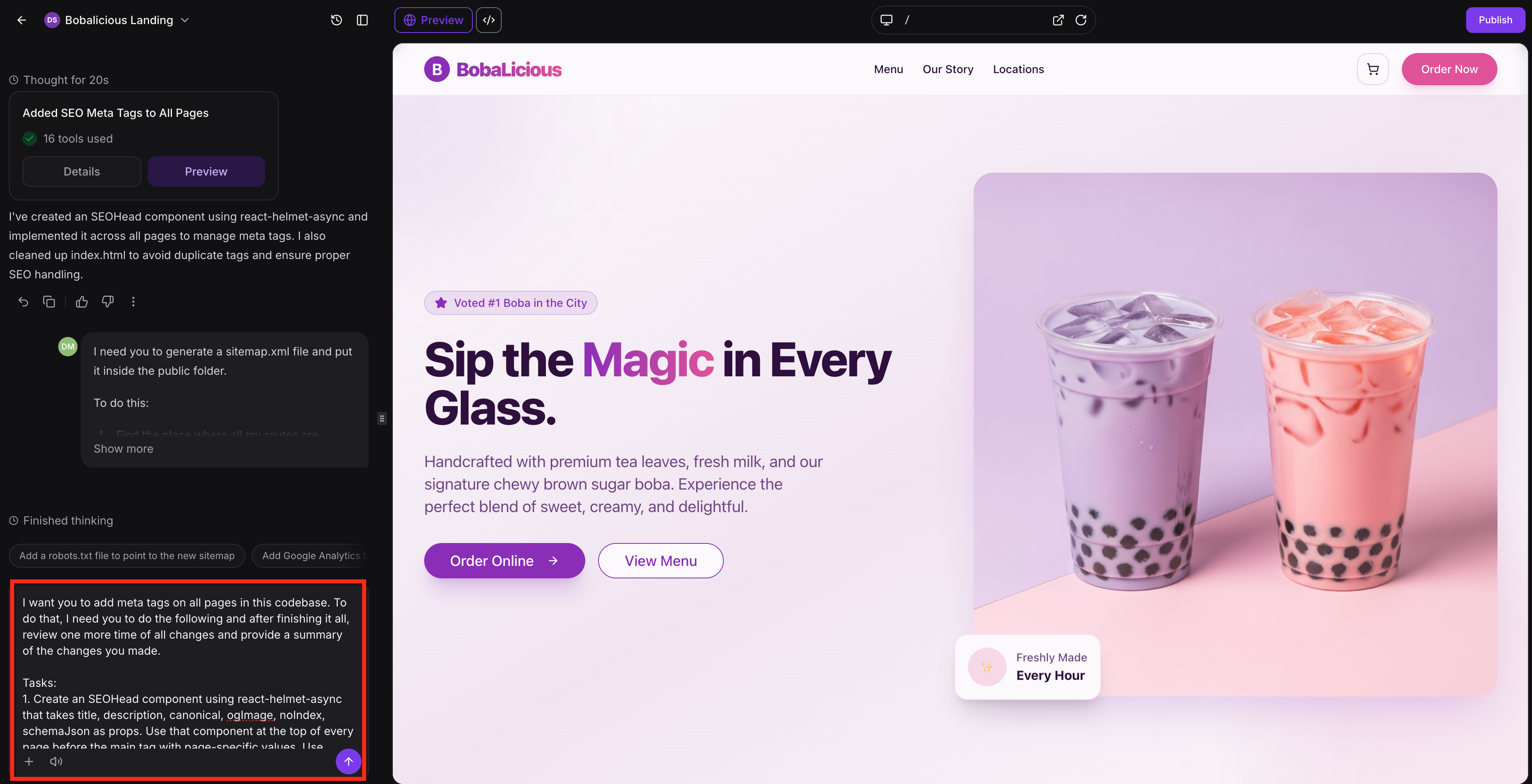 Pasting the social preview prompt into AI Studio chat