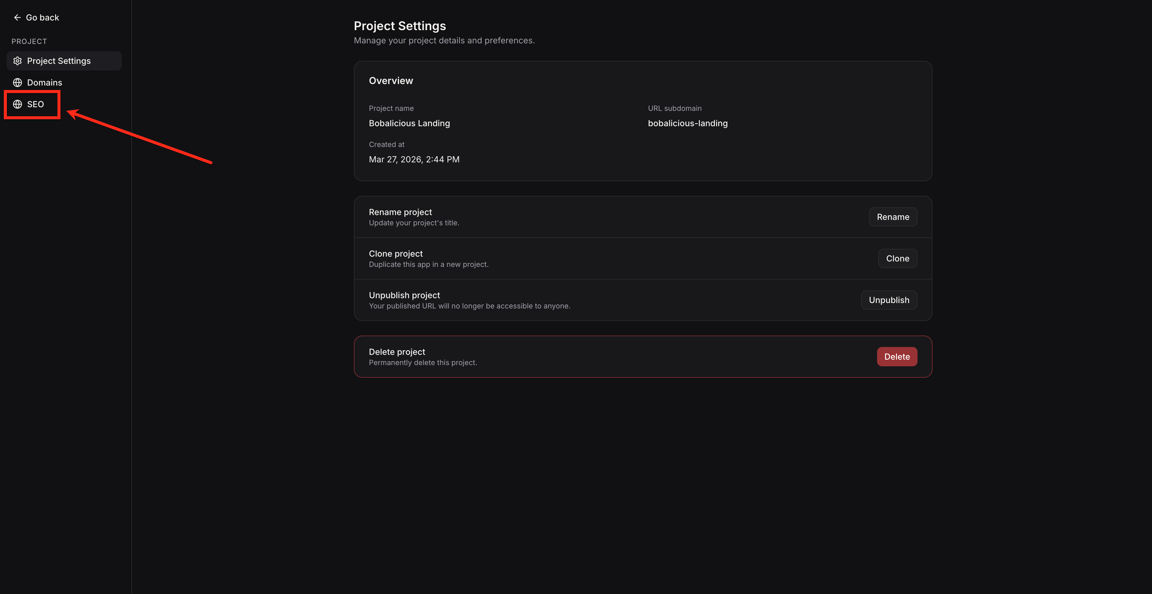 SEO tab inside the AI Studio project Settings