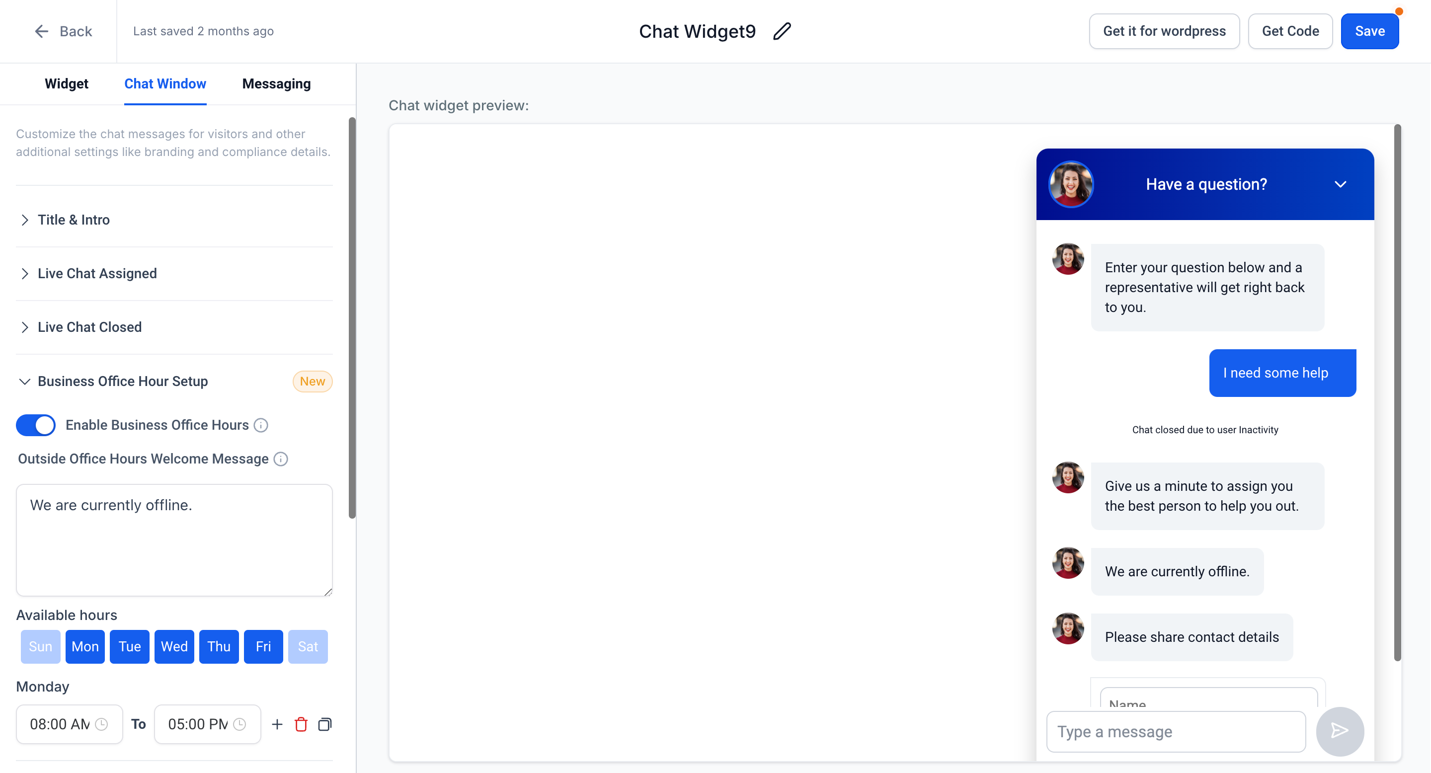 Live chat widget option