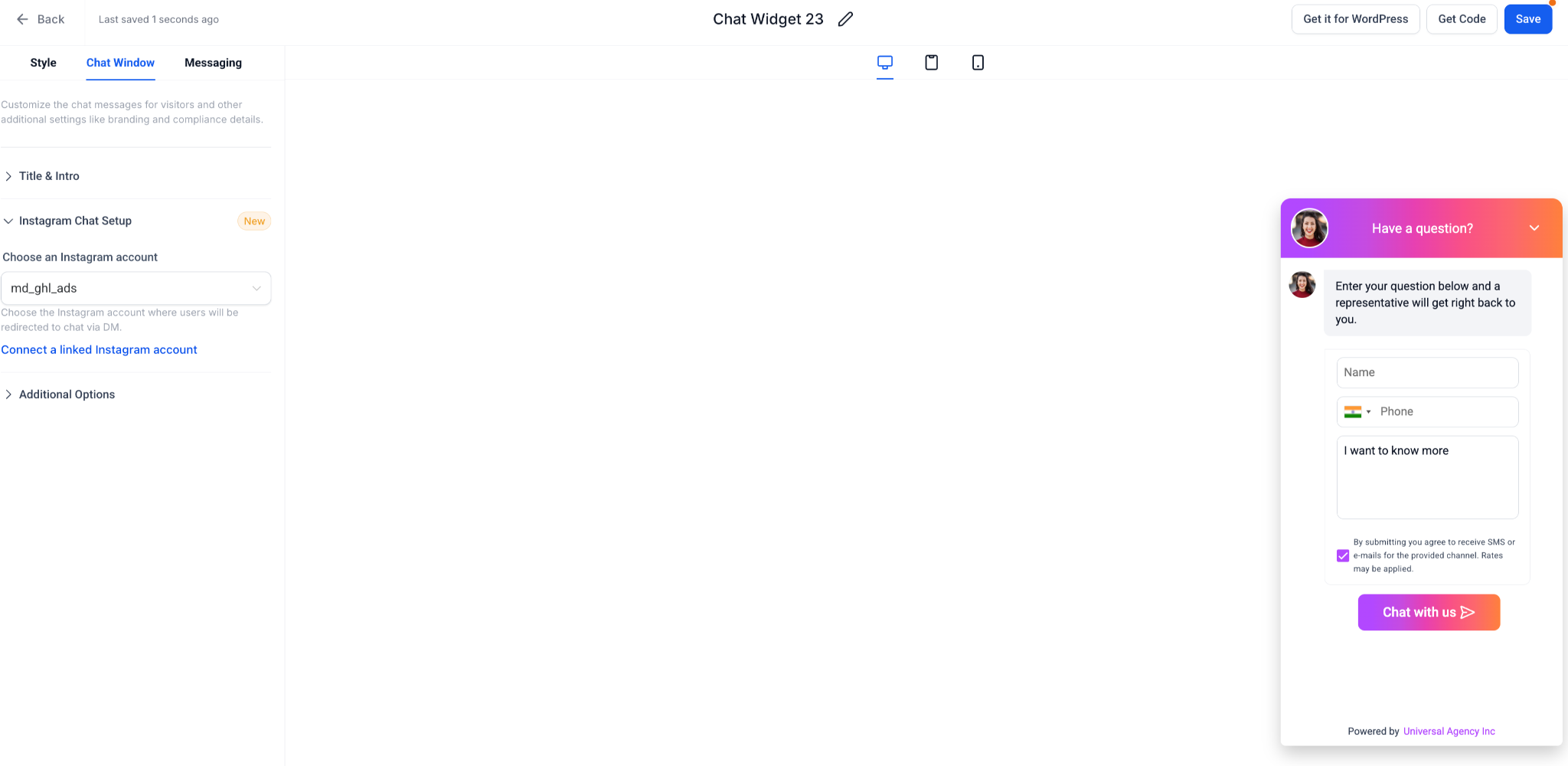 Instagram chat widget option