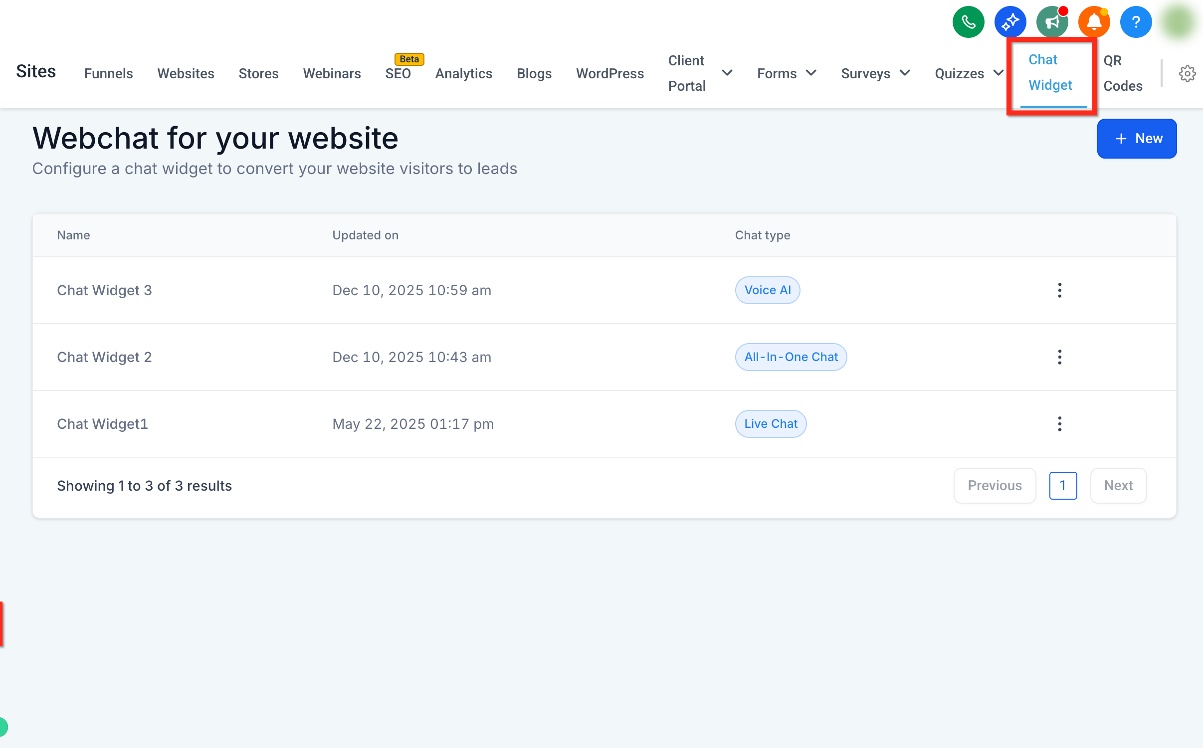 Navigating to Chat Widgets in Captivation Hub