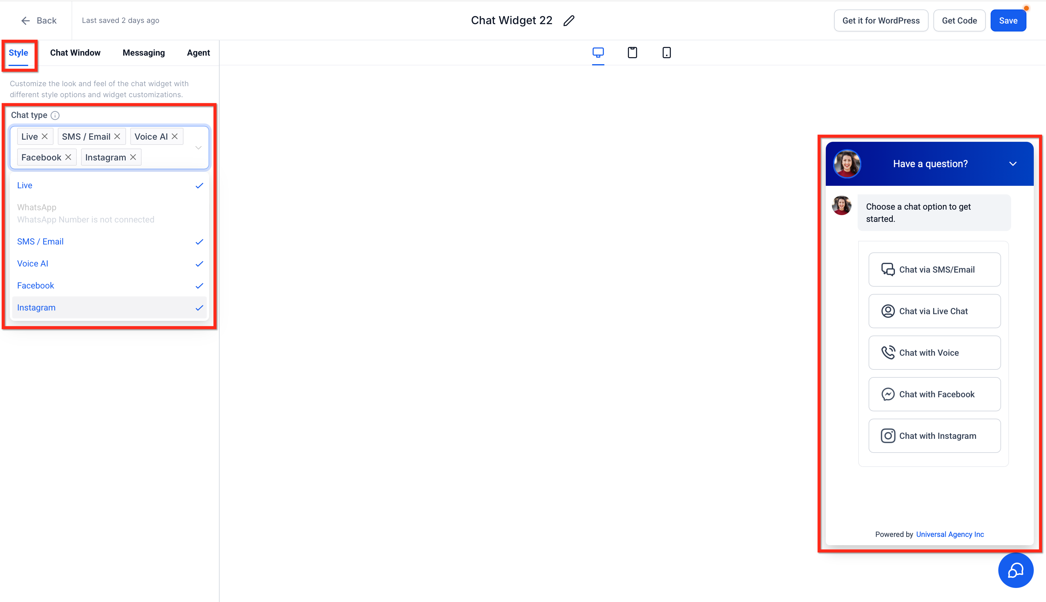 Overview of chat widget type options in Captivation Hub