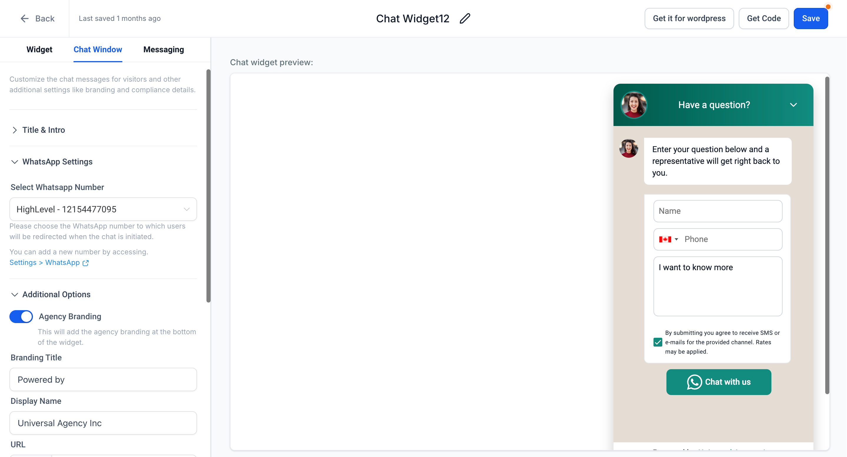 WhatsApp chat widget option