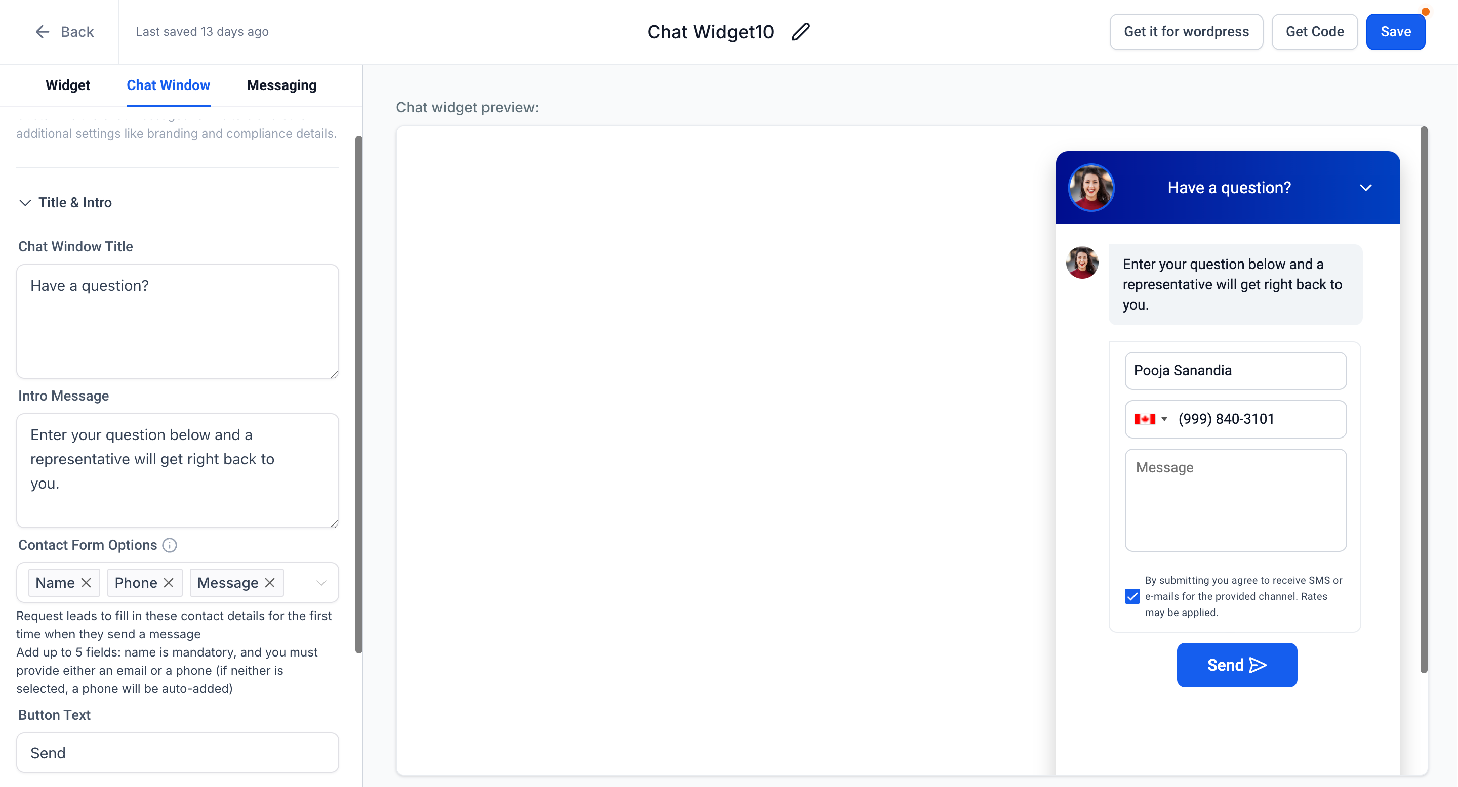 Email and SMS chat widget option
