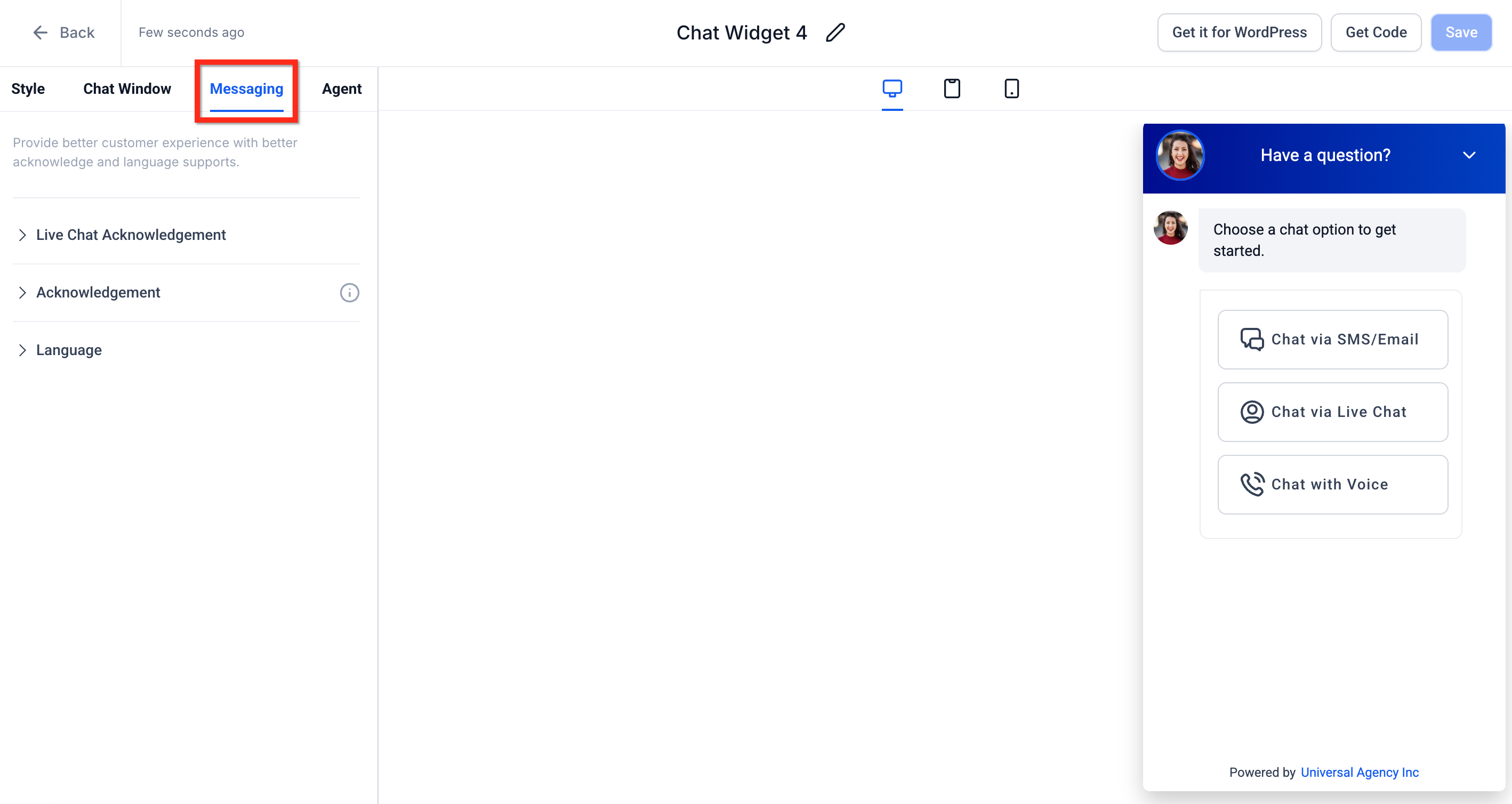 Copying the chat widget embed code