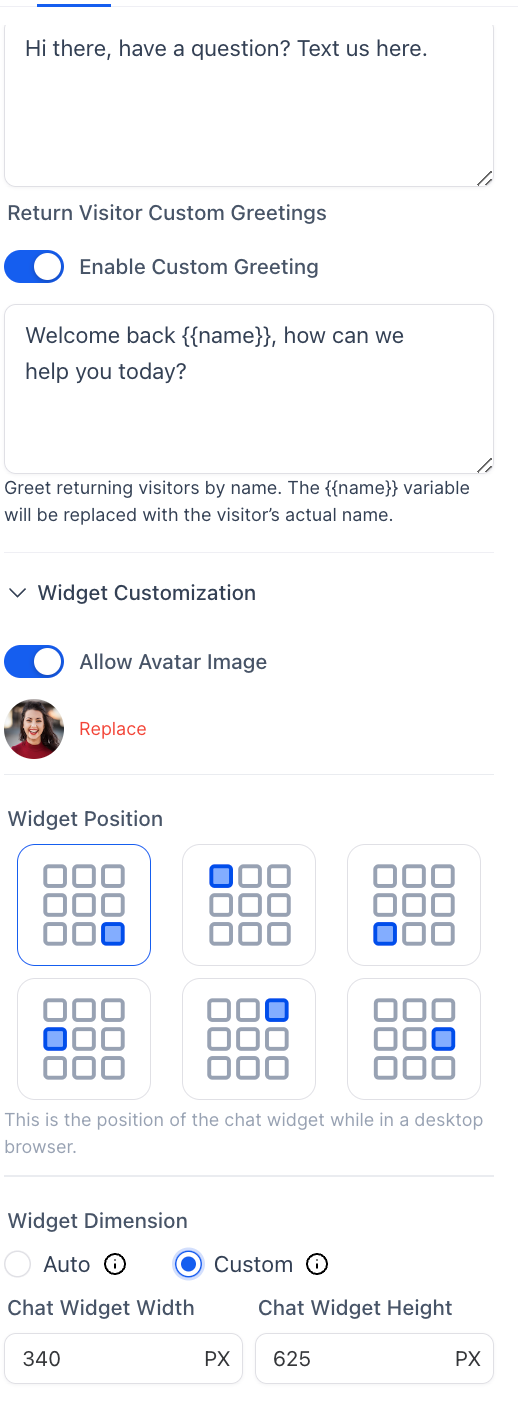 Chat widget placement and size settings