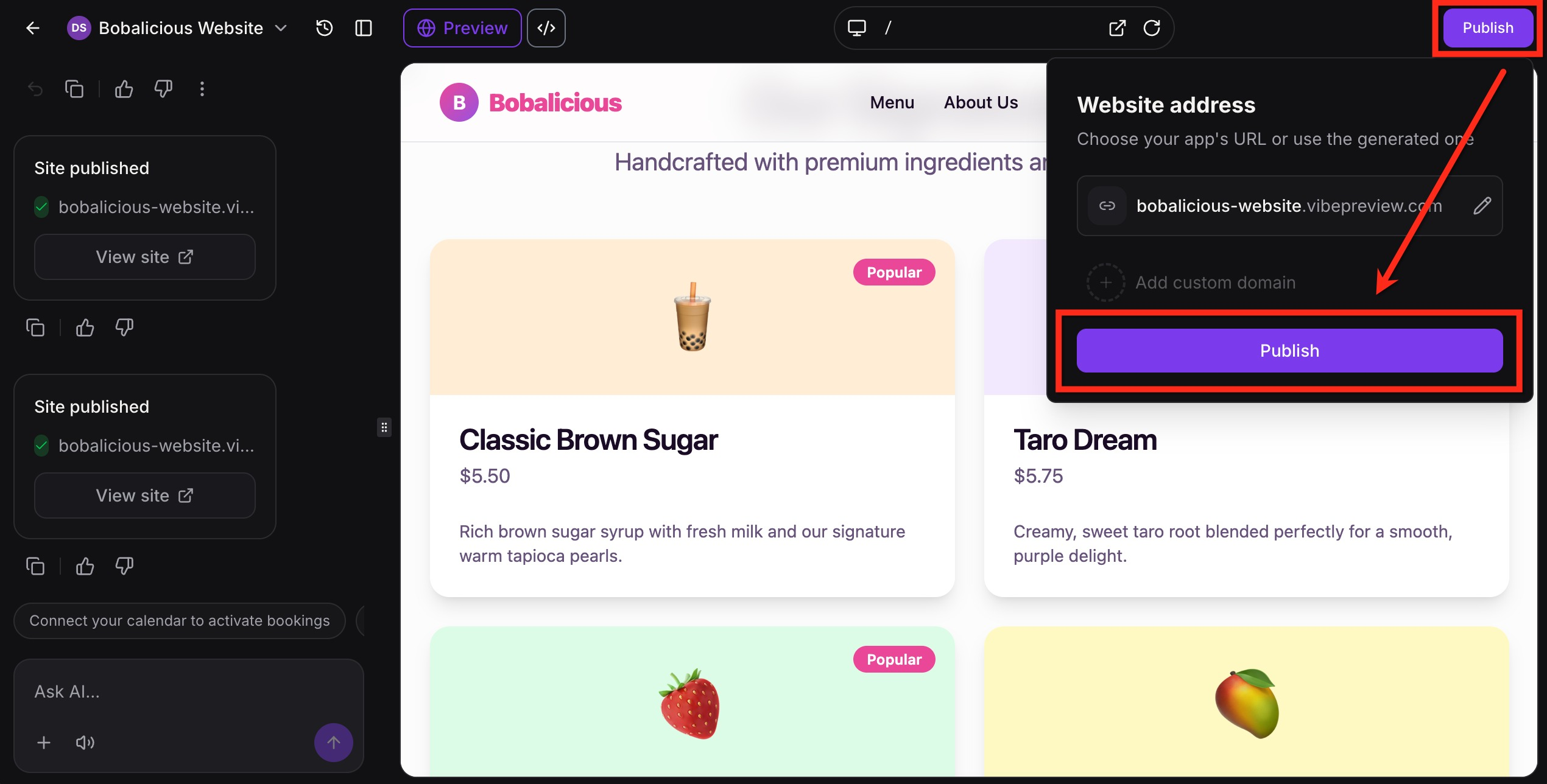 Clicking Publish to generate a preview URL in AI Studio