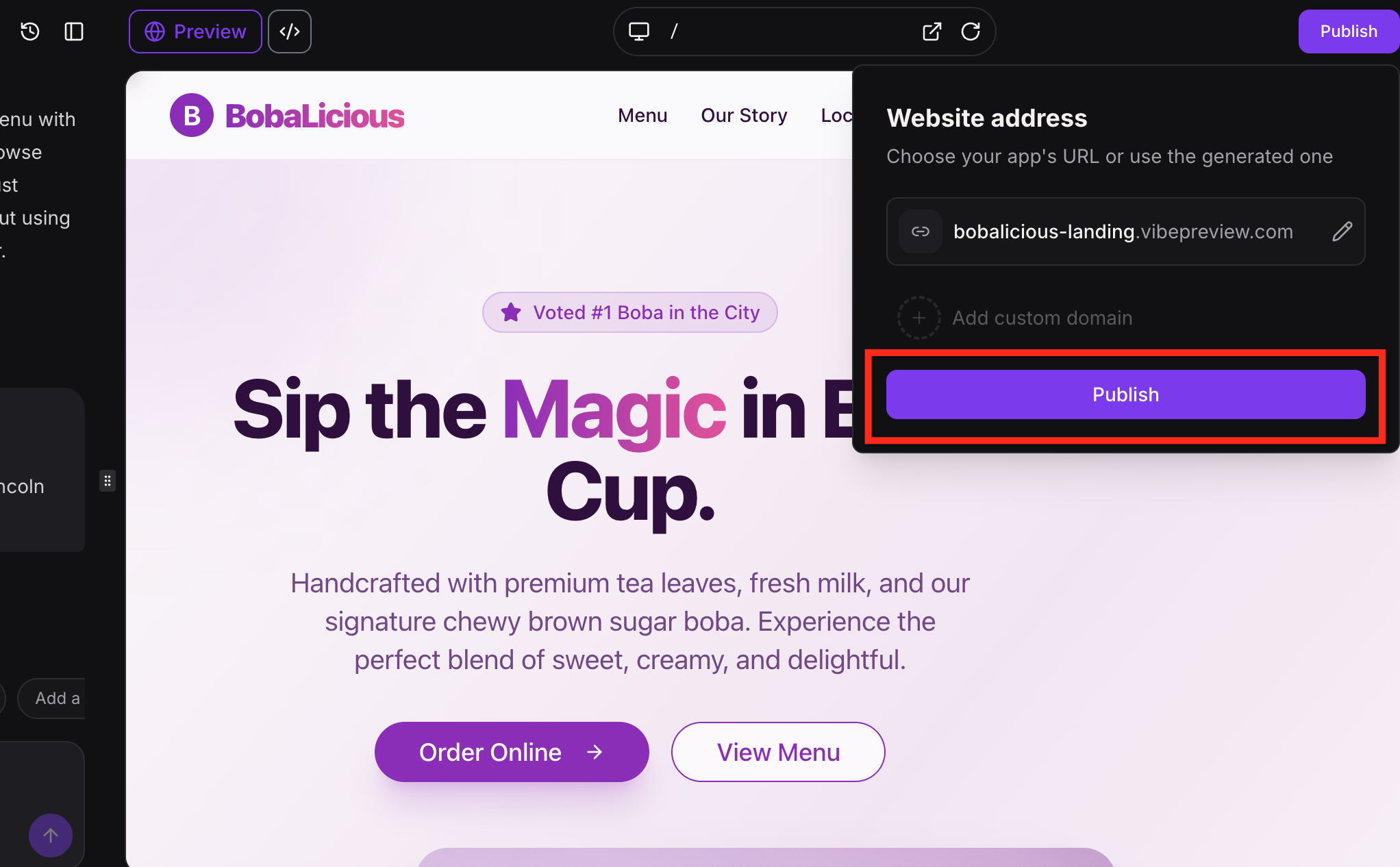 Published preview URL confirmation screen in AI Studio