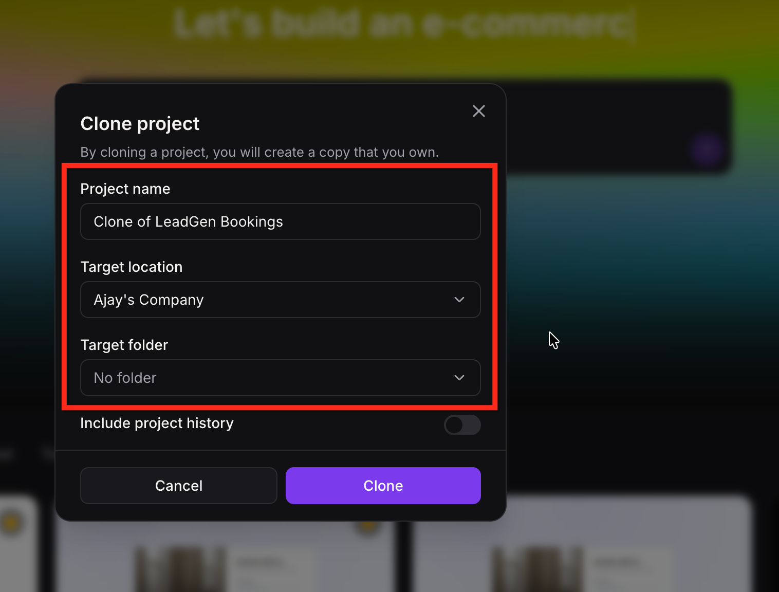 Clone project options screen in AI Studio