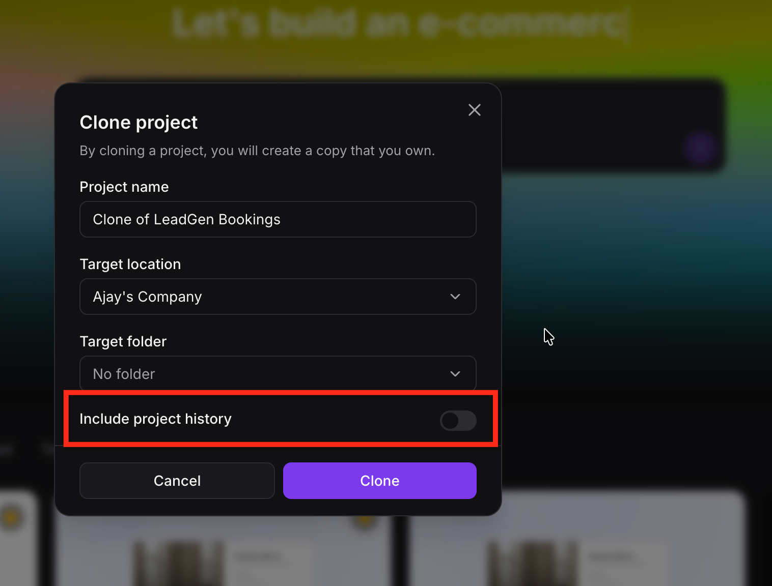 Cloned project confirmation in AI Studio