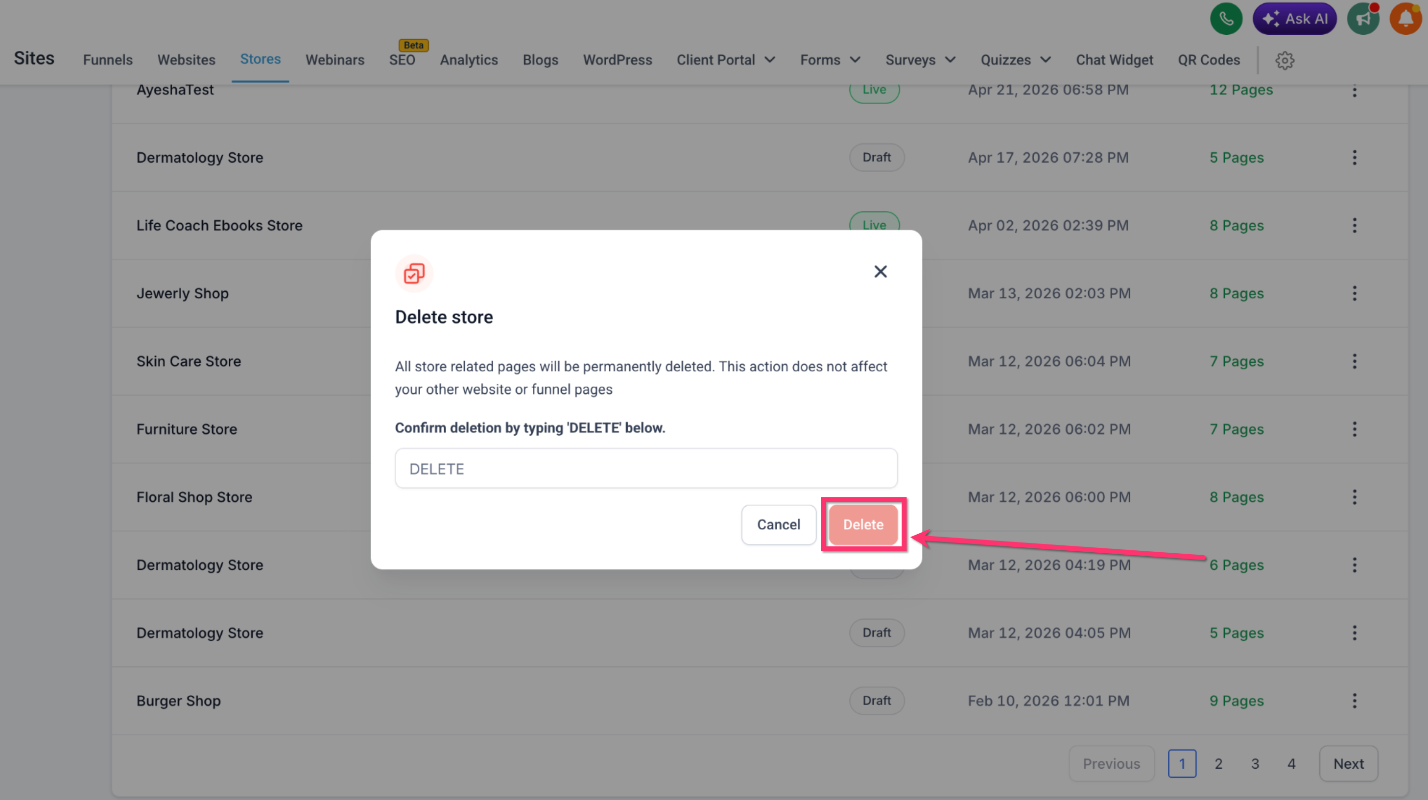 Delete store confirmation modal