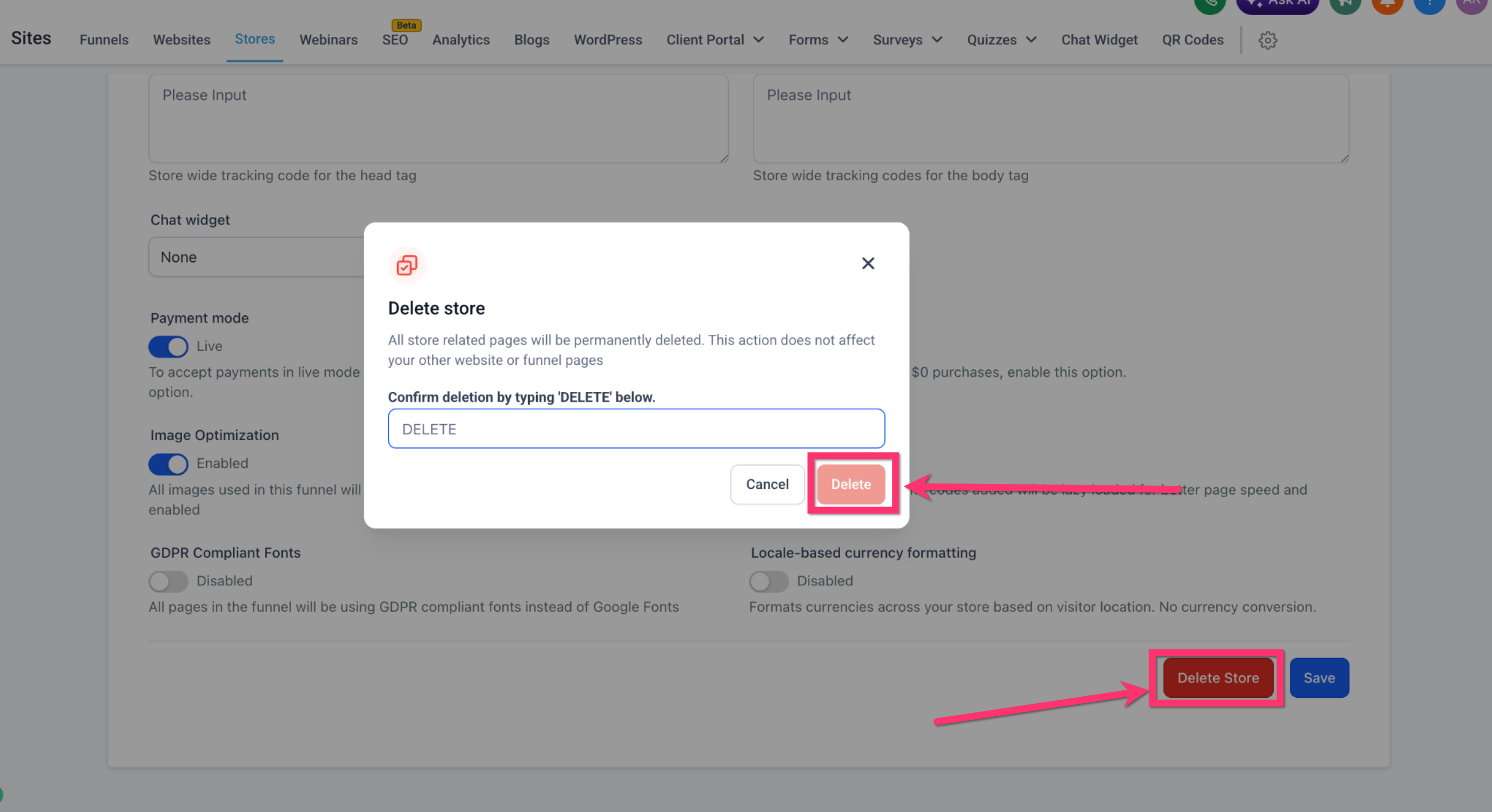 Delete store option in Stores list
