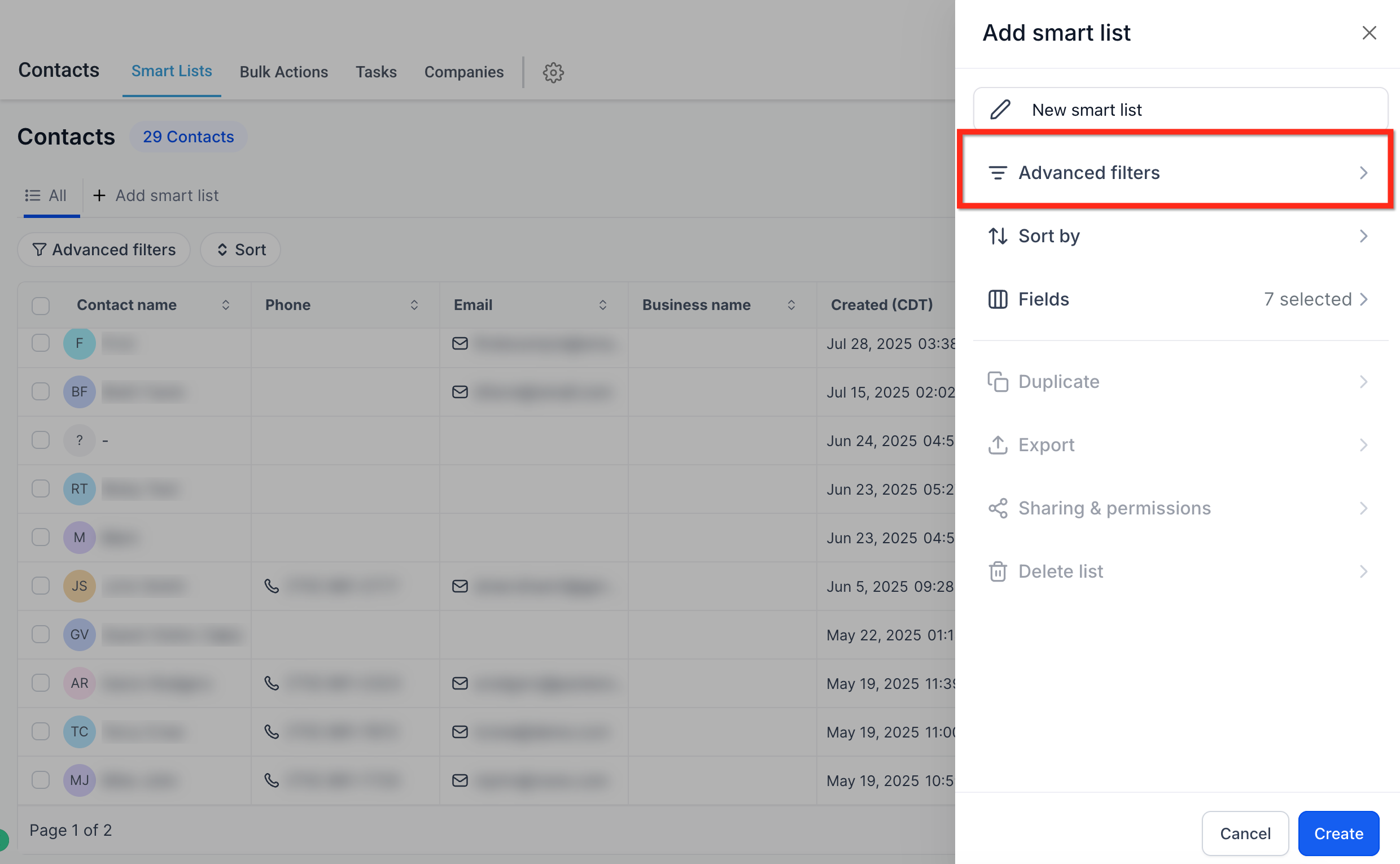 Selecting filter fields and operators