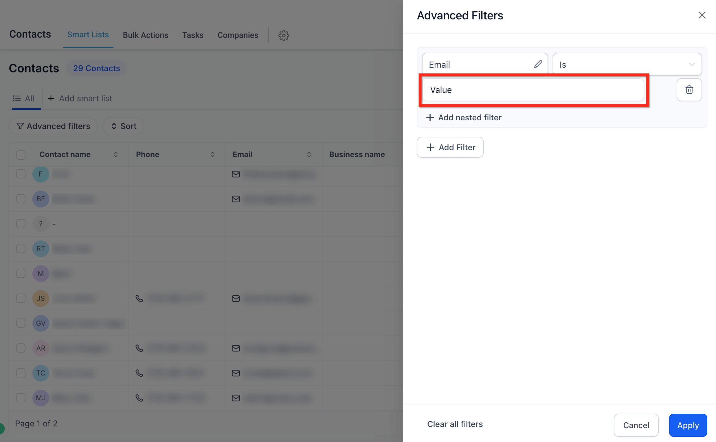 Advanced filter results in Smart List view
