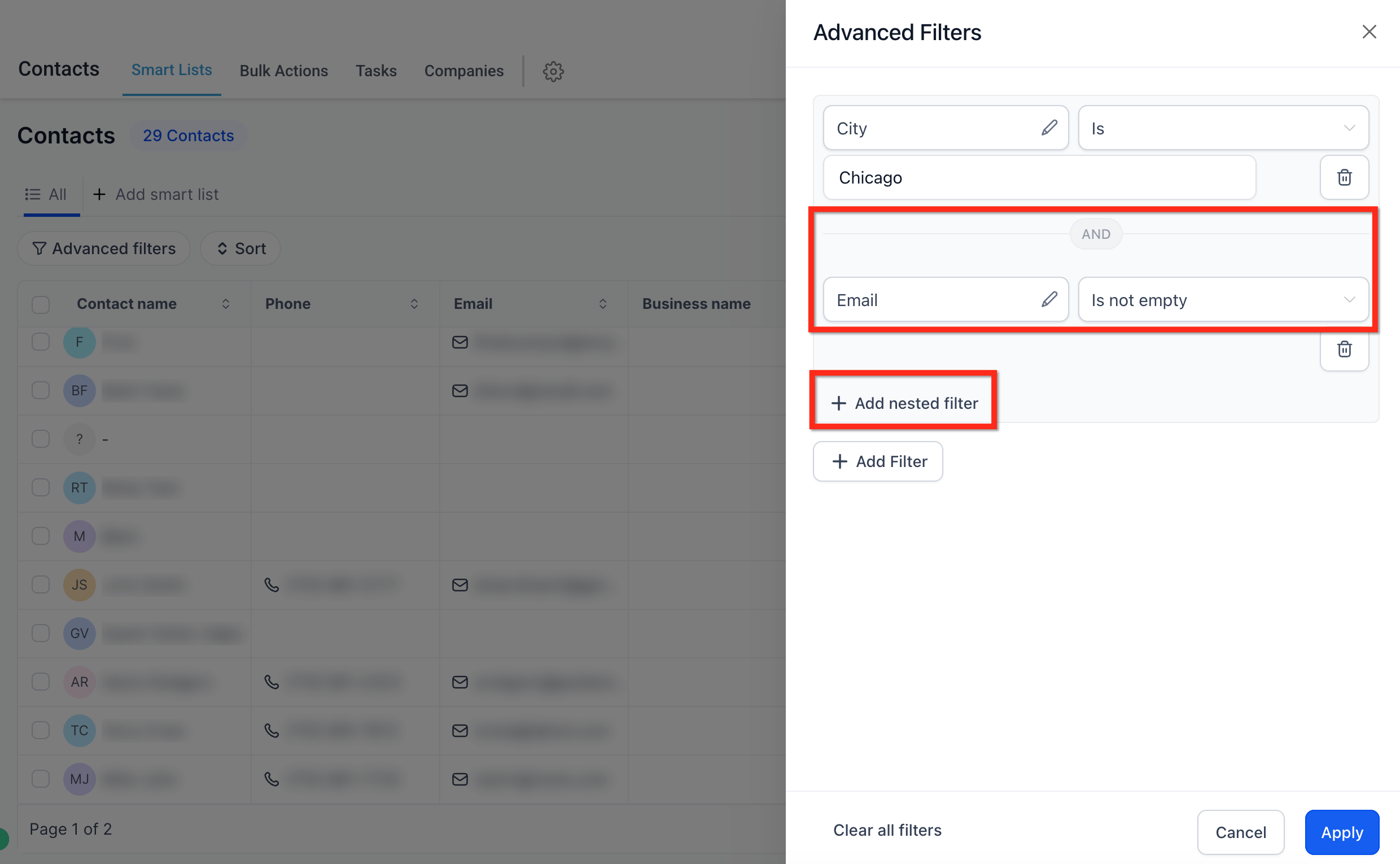 Advanced filter with AND/OR logic applied