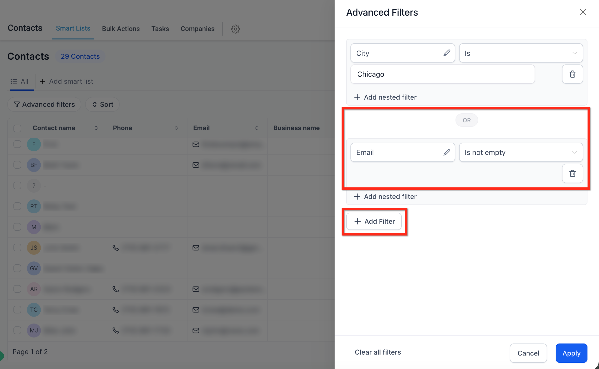 Smart List showing filtered contact results