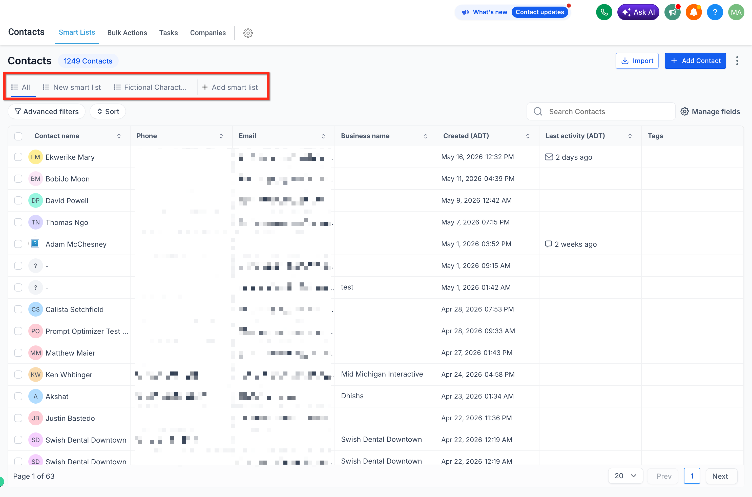 Opening Advanced Filters in the Contacts tab