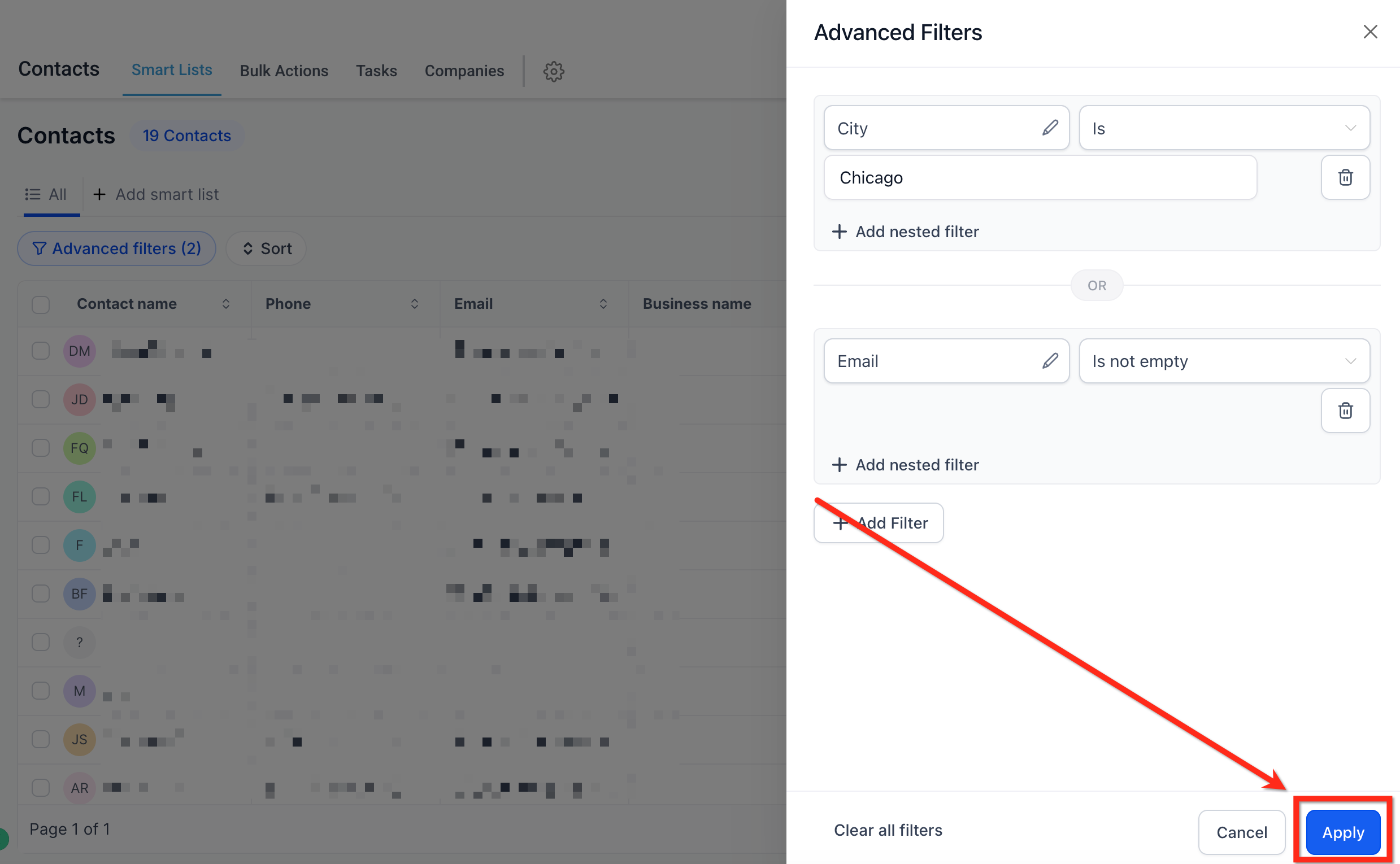 Completed Advanced Filter Smart List in Captivation Hub