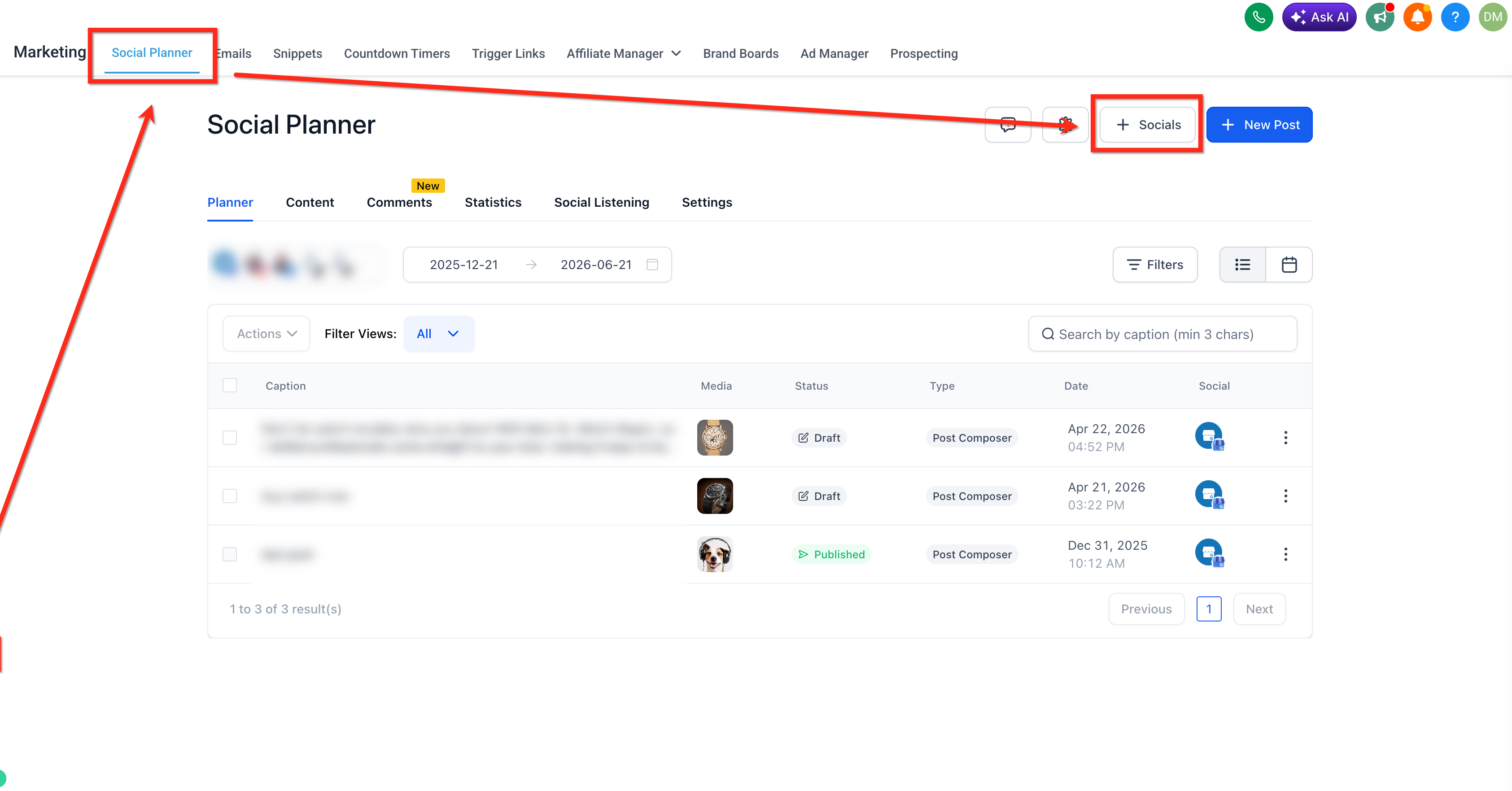 Navigating to Social Planner and clicking + Socials