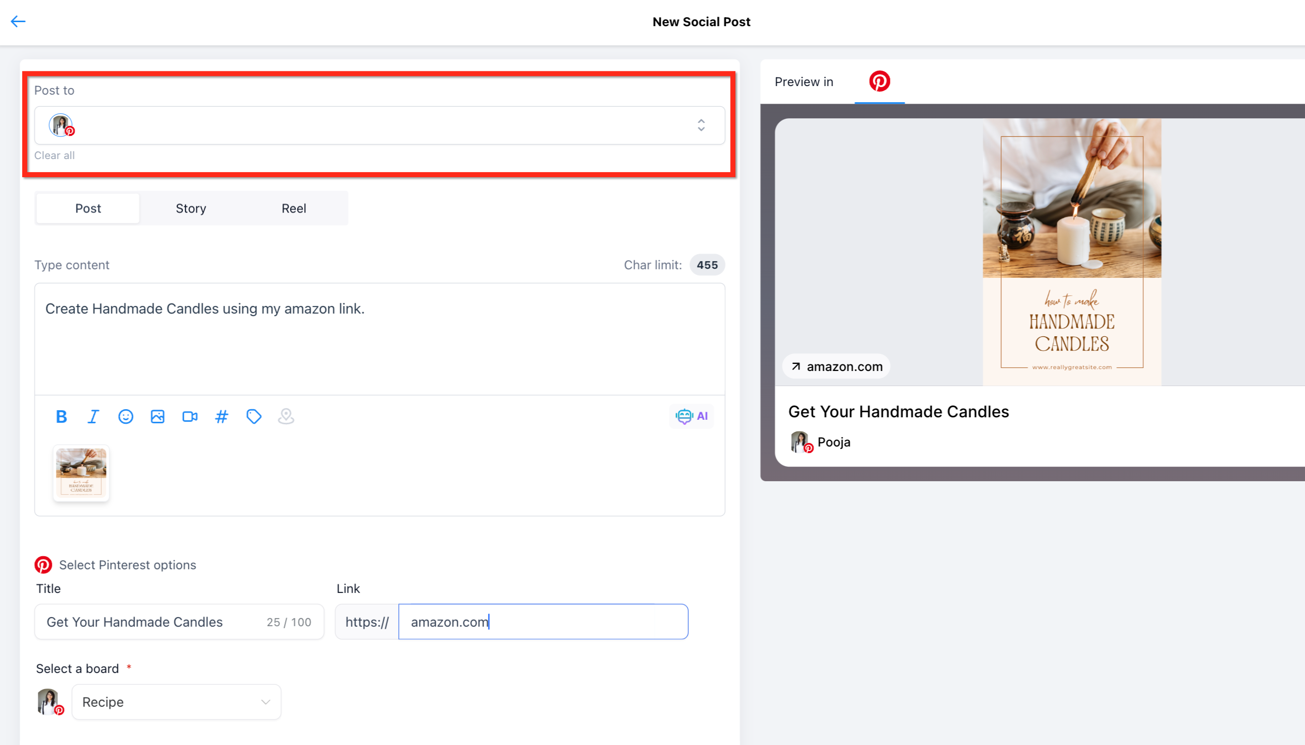 Adding pin title, description, and selecting a board