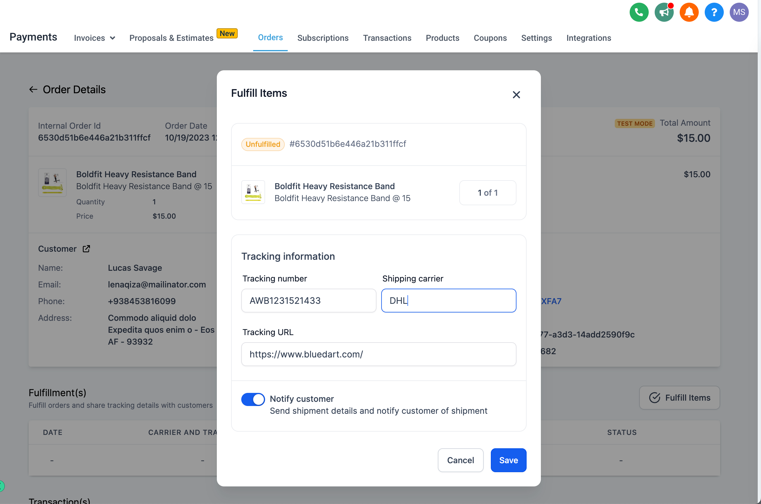 Order fulfillment confirmation with tracking information