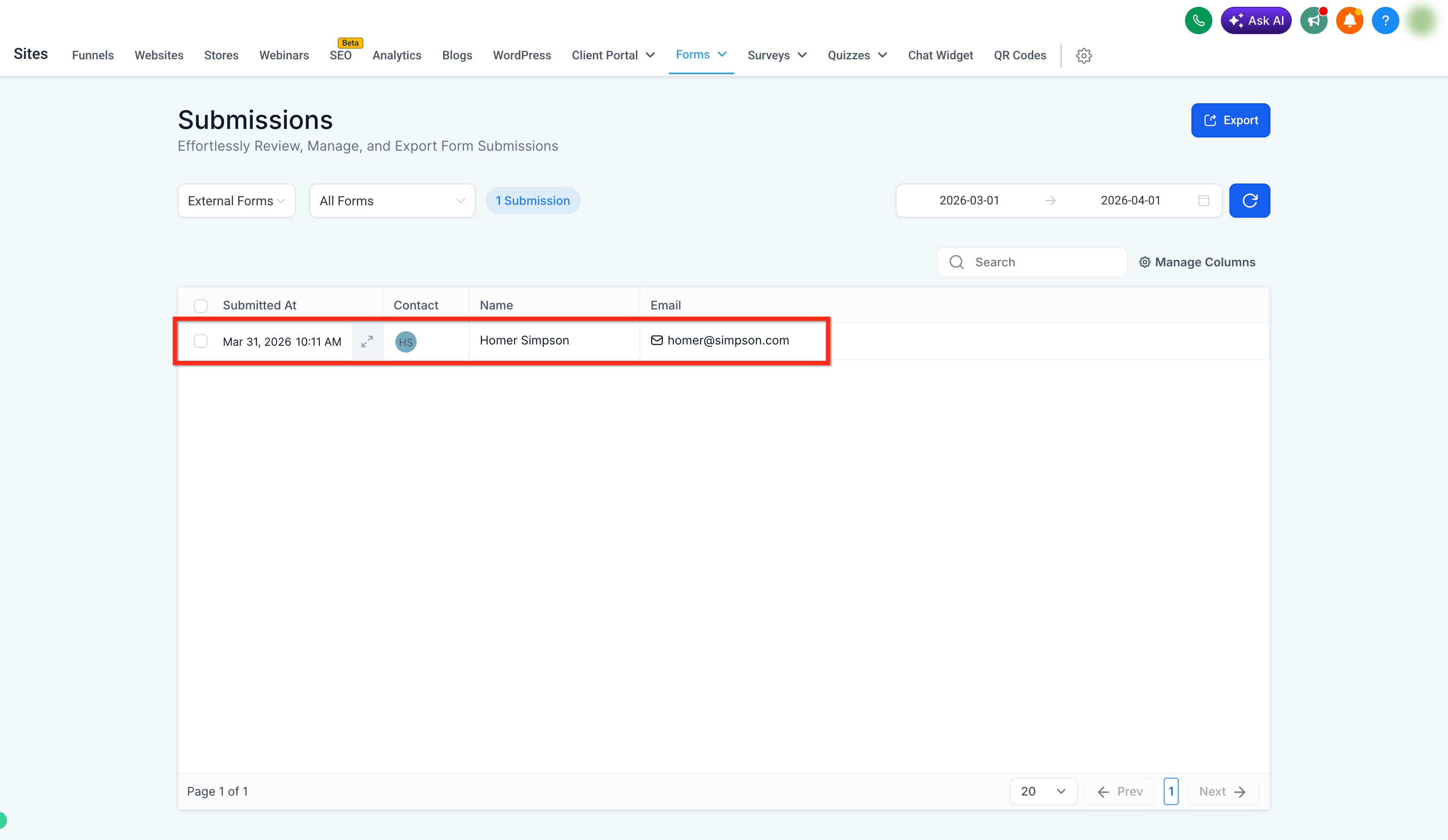 External form submissions view in Captivation Hub