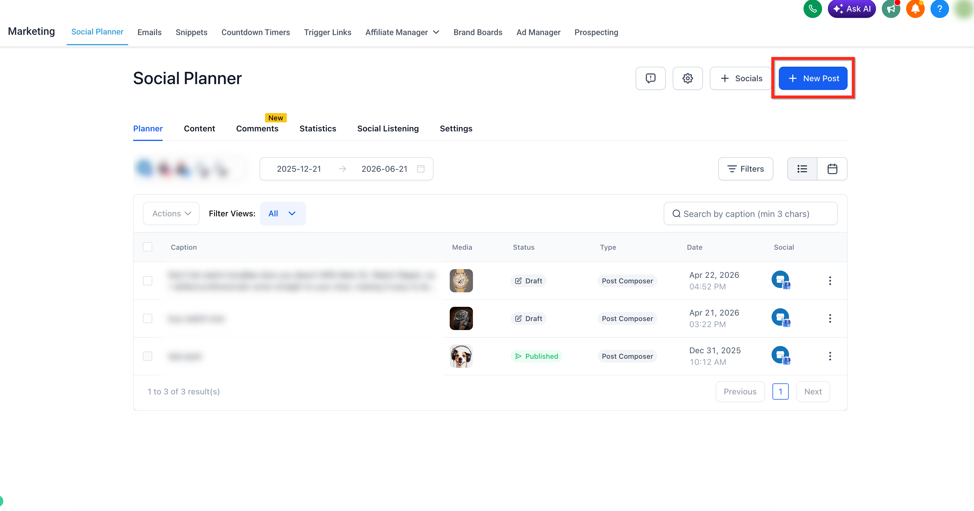 Creating a new Pinterest post in Social Planner