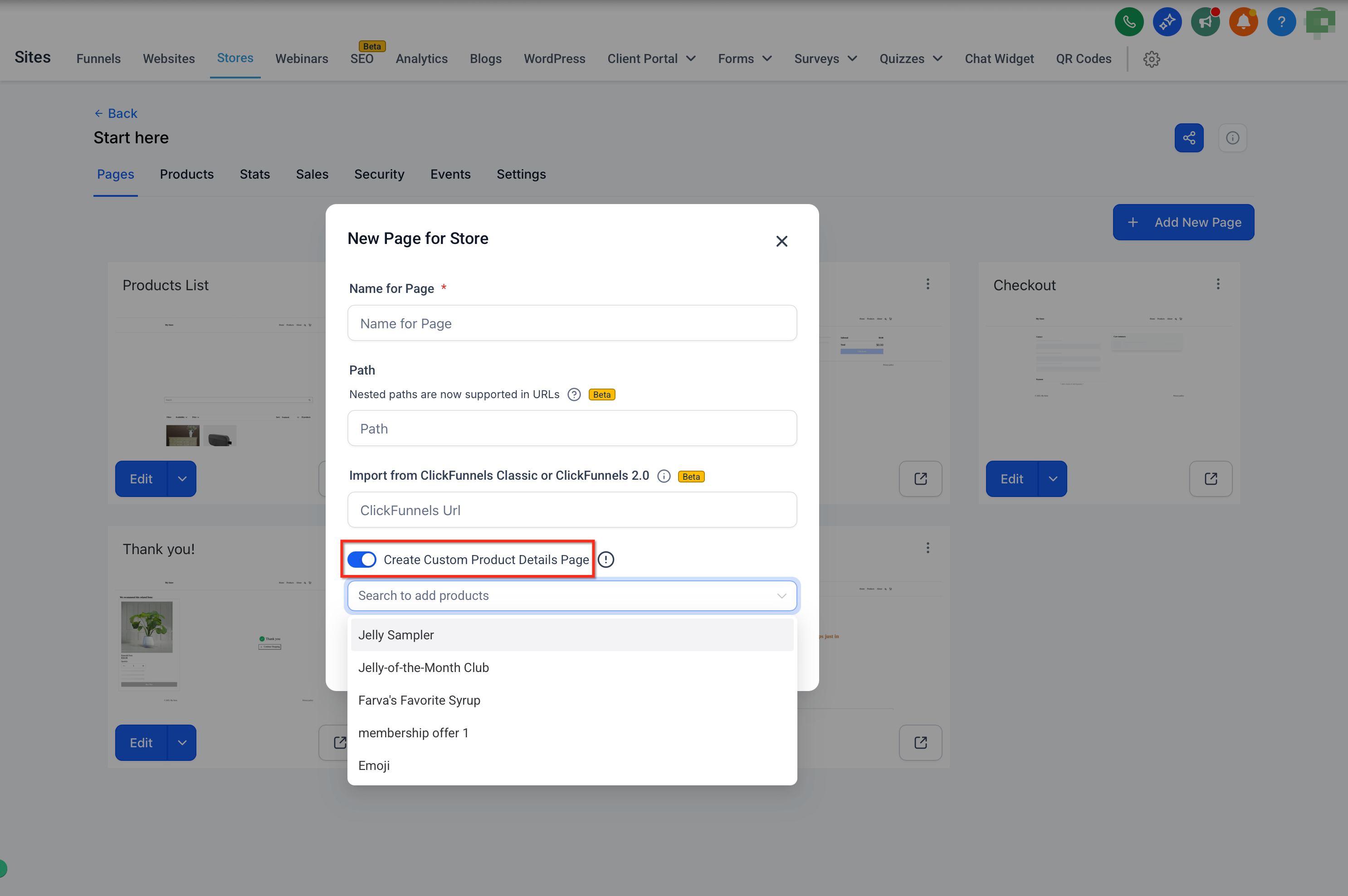Enabling Custom Product Details Page and selecting products in the modal