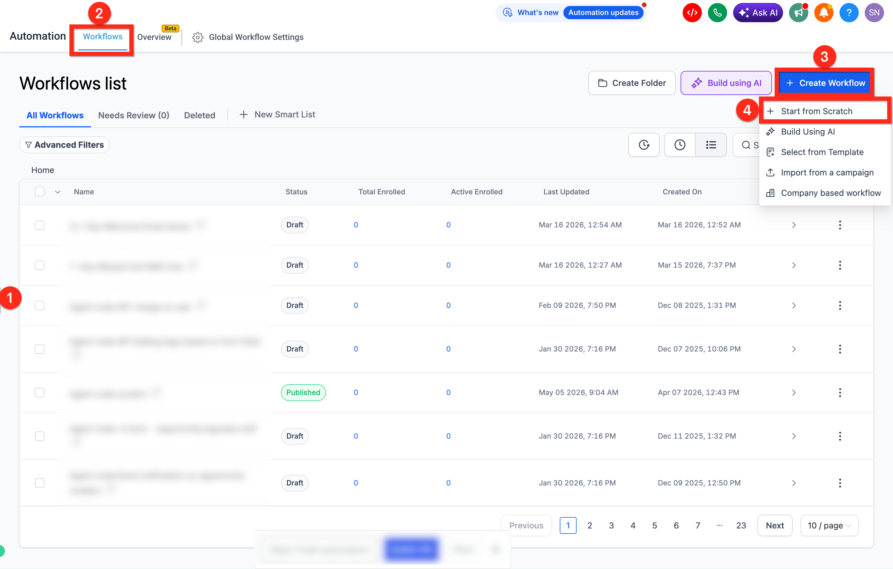 Workflow canvas after selecting Start from scratch