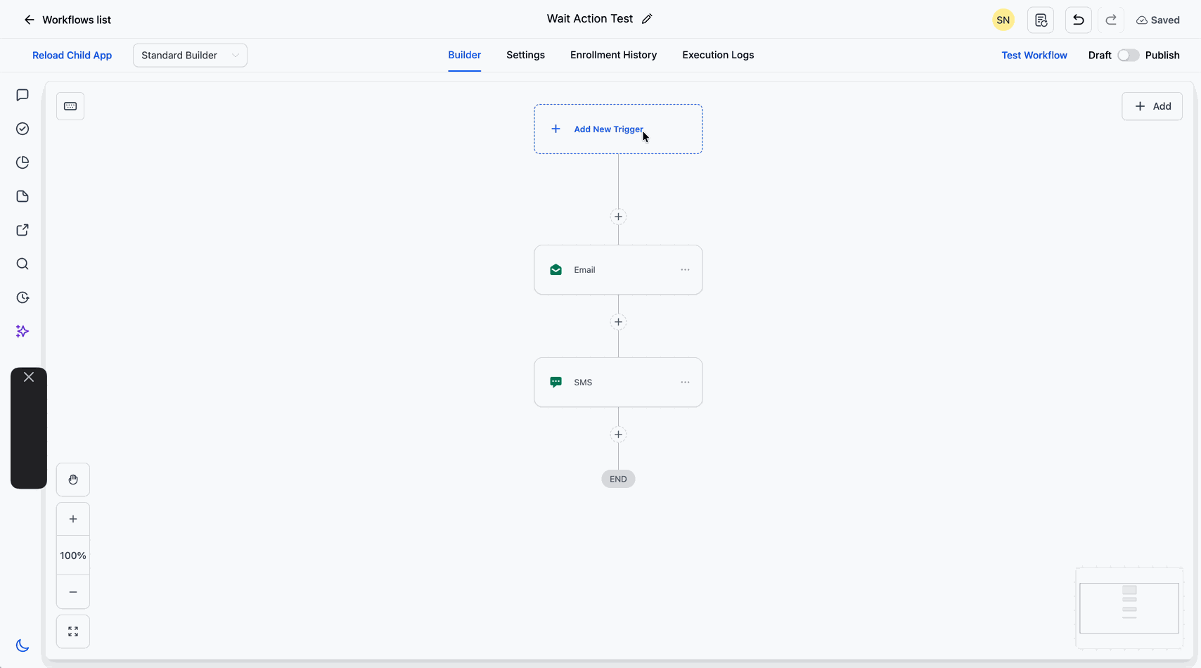 Wait action selection screen showing all seven wait type options