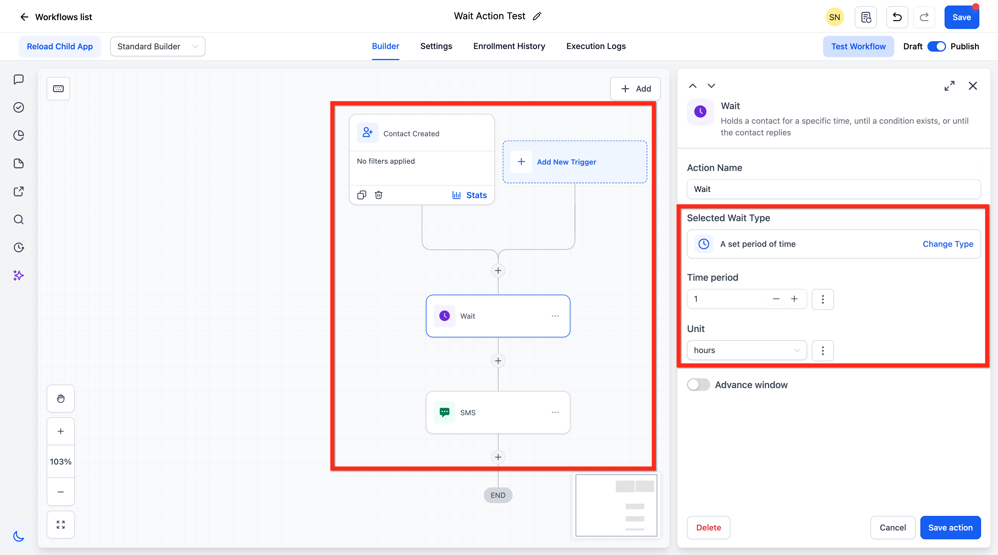 Example workflow showing a 1-hour wait before a welcome email