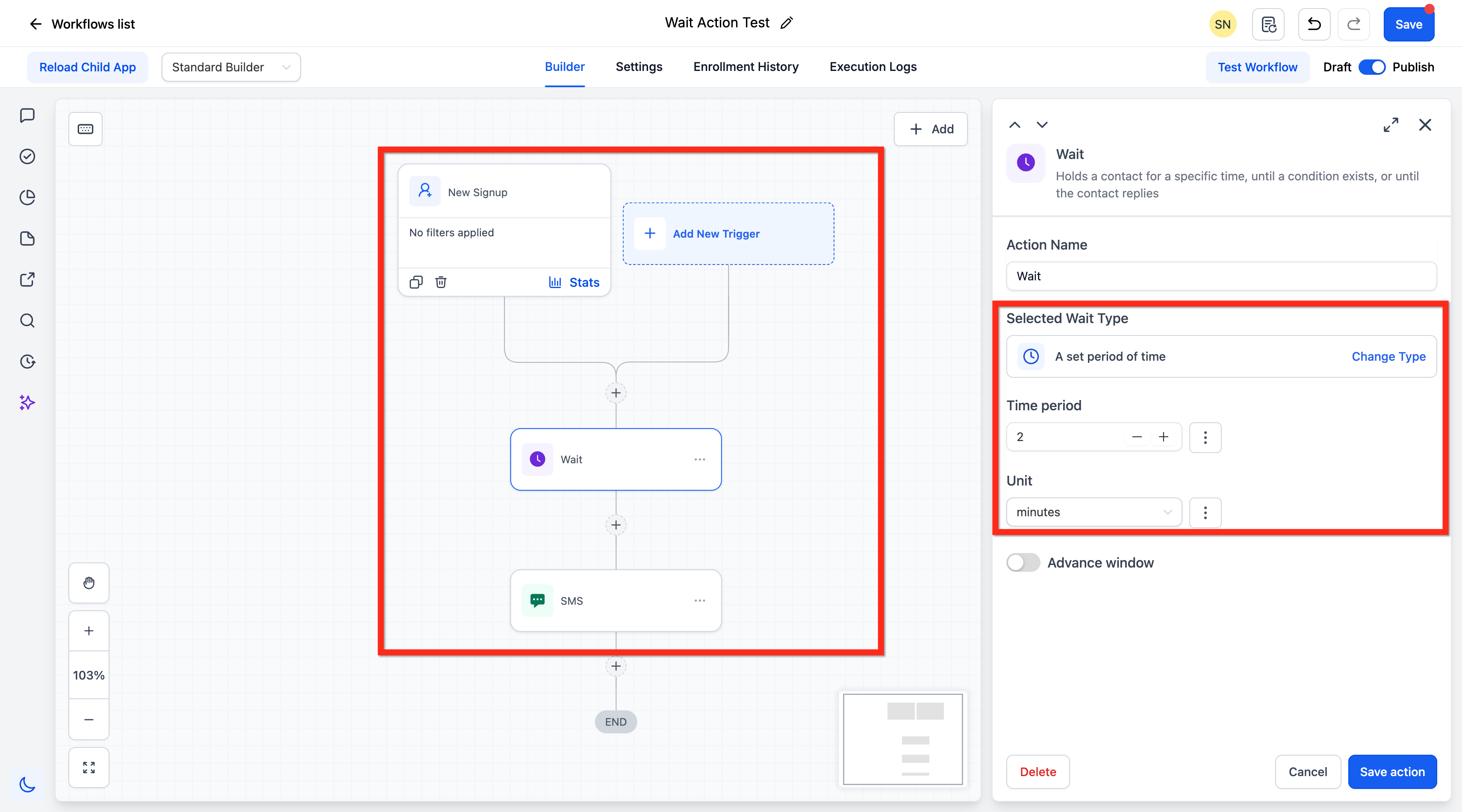Example workflow showing a 2-minute wait before a thank you email