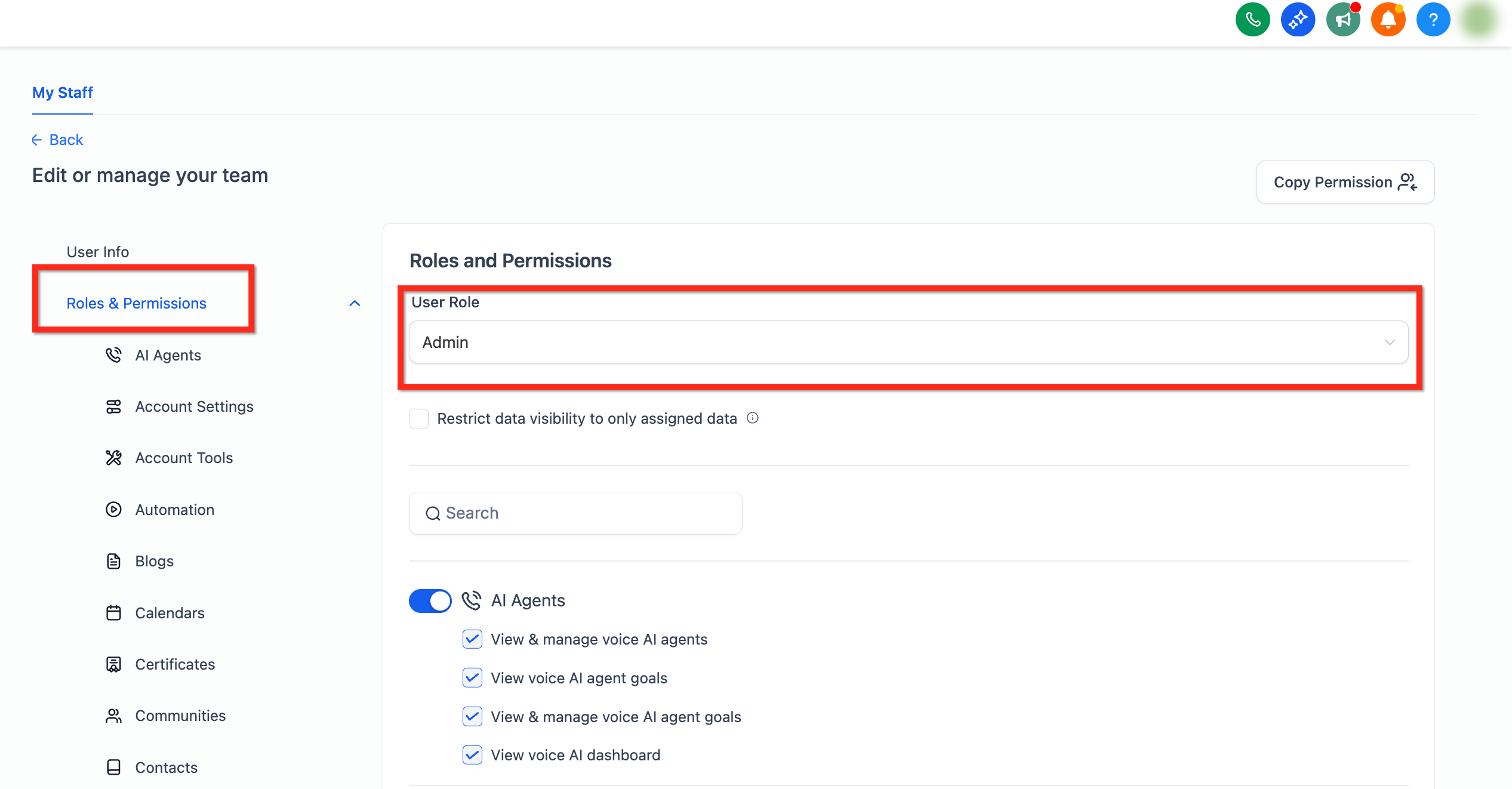 Role dropdown showing Admin and User options