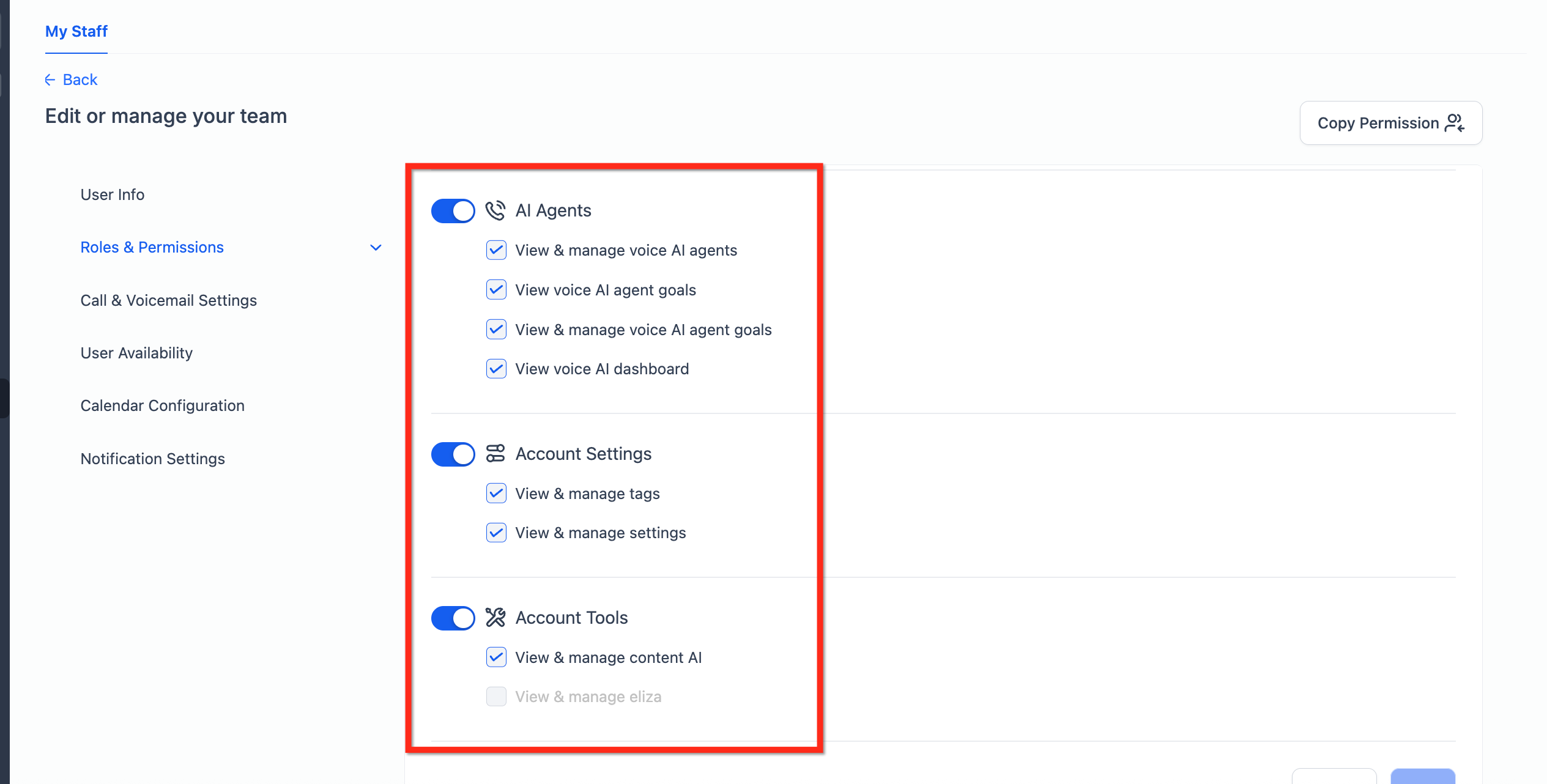 Module checkboxes for enabling or disabling access
