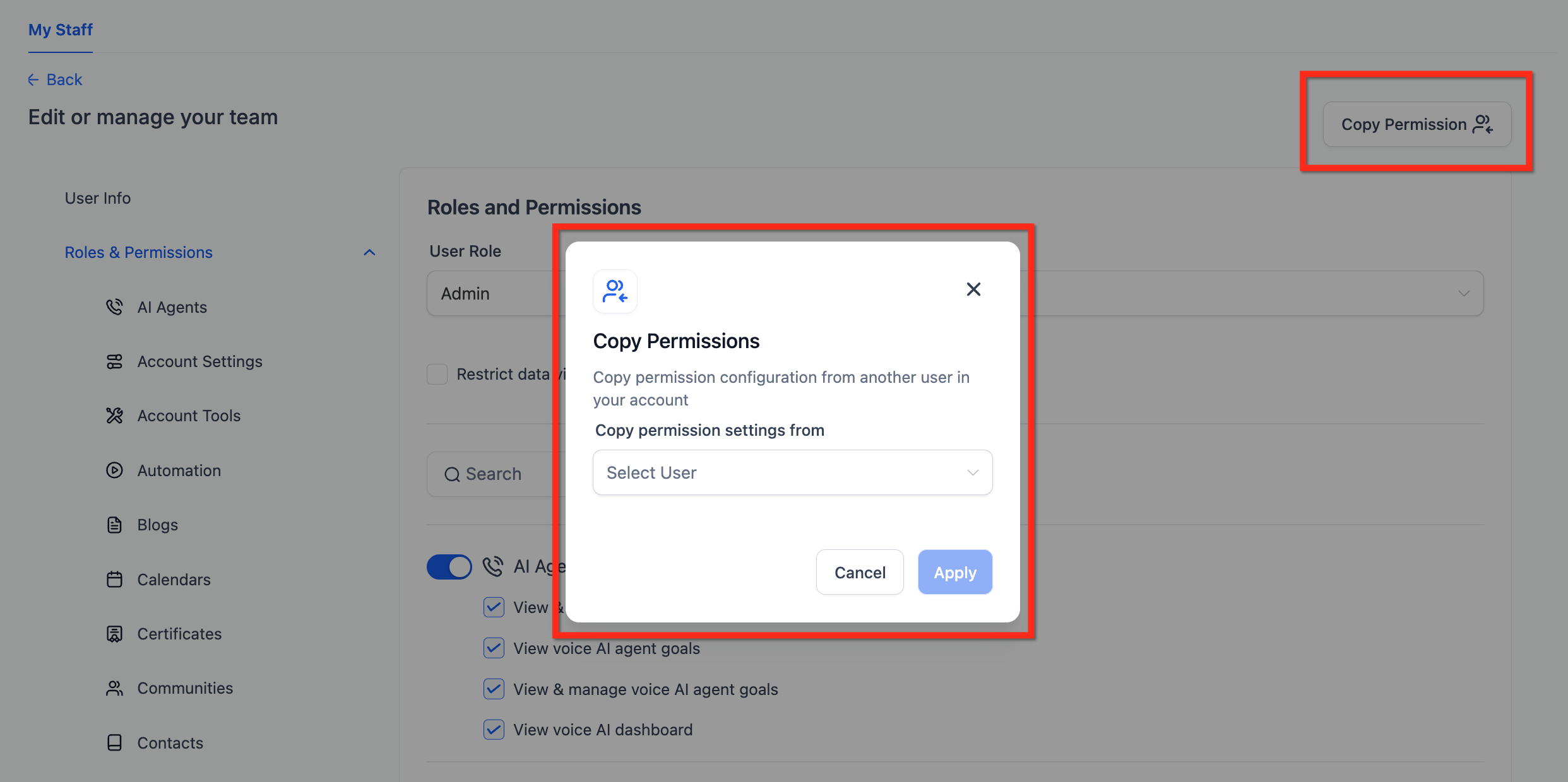 Copy Permissions button and dropdown in Captivation Hub