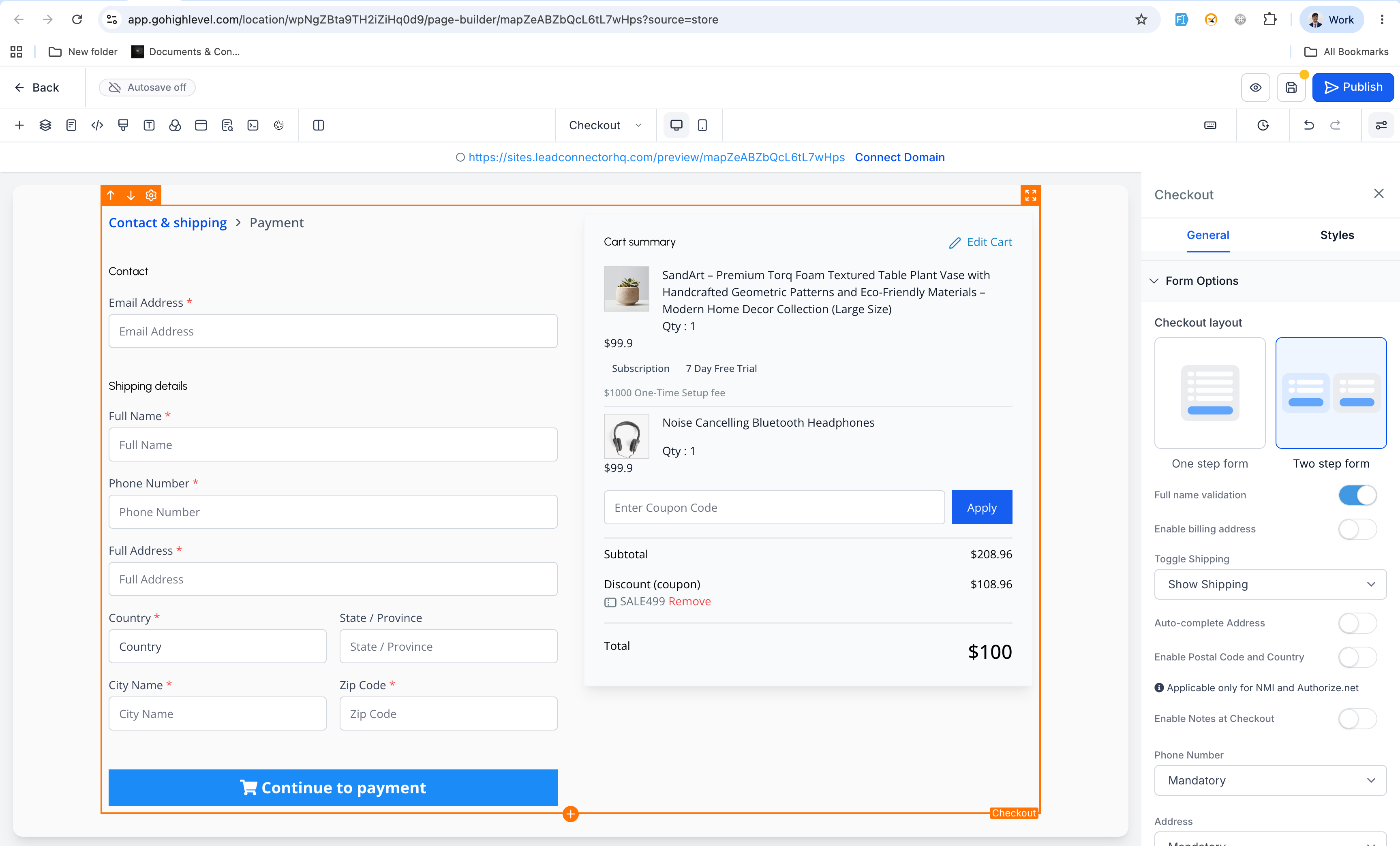 Two-Step Checkout Step 1 settings for contact and shipping fields