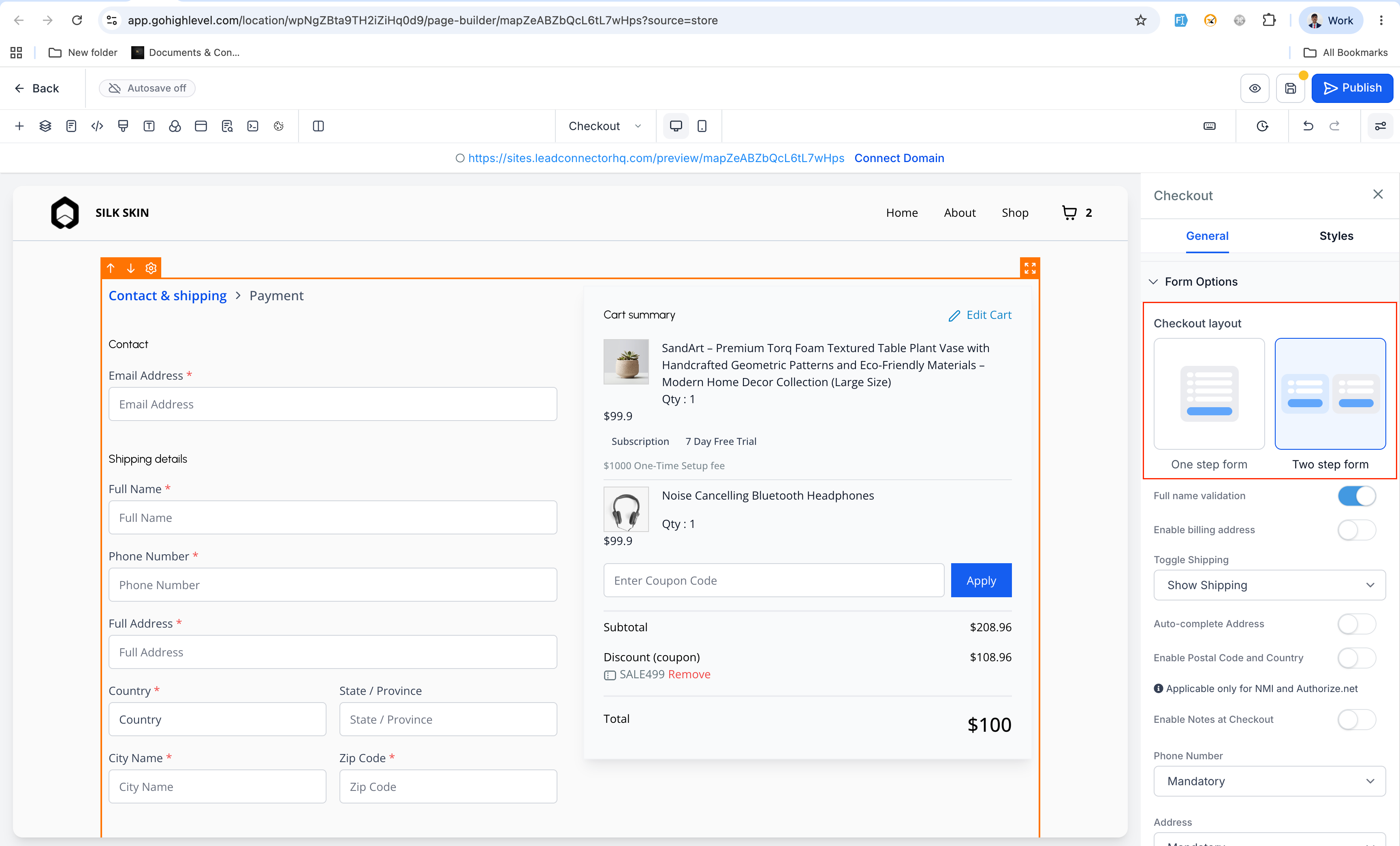 Choosing between One-Step Checkout and Two-Step Checkout in the Checkout Type dropdown