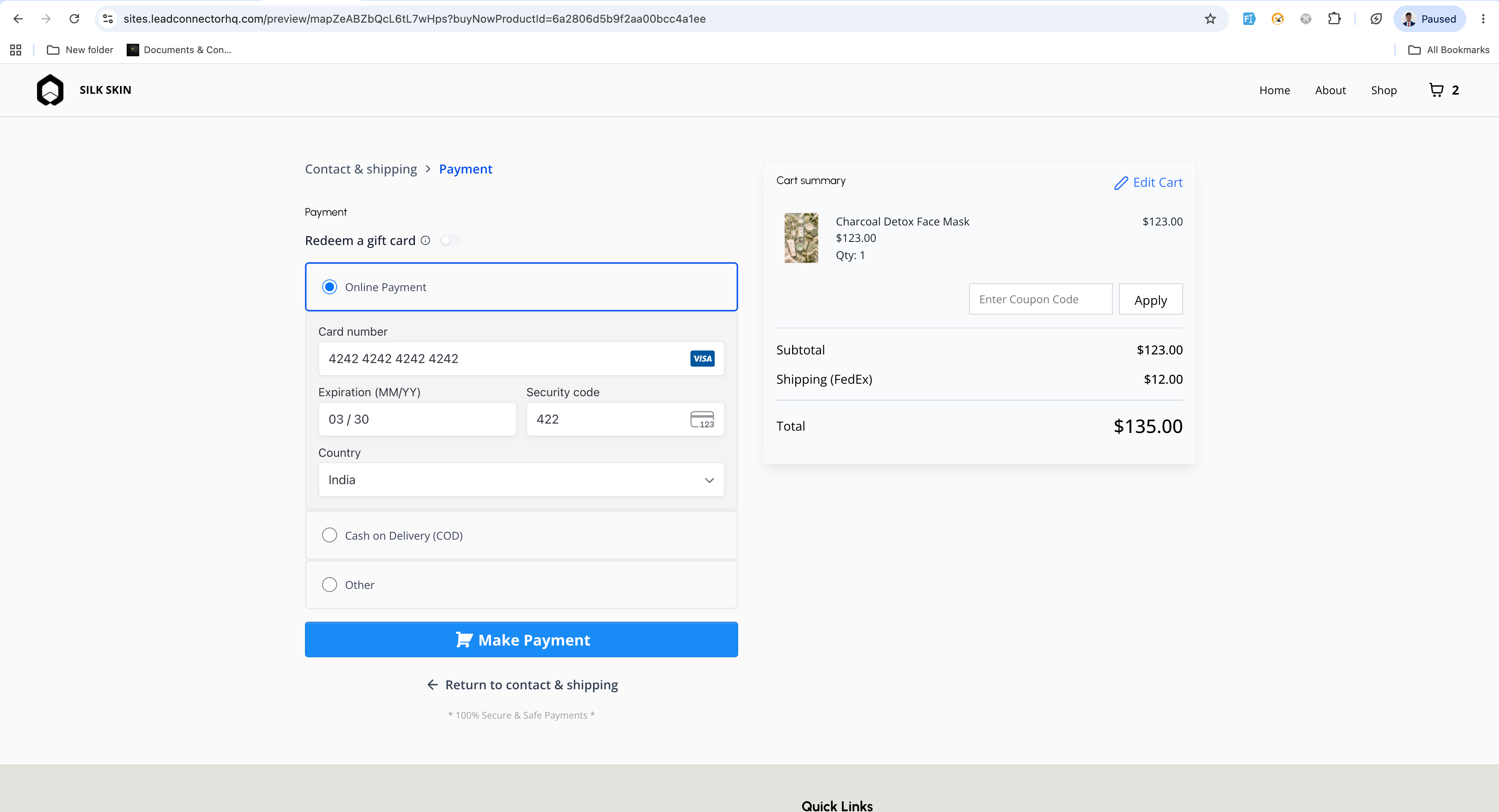 Two-Step Checkout element settings panel in the Funnel builder
